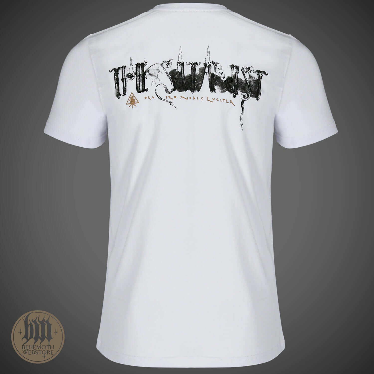 Back view of 'Ora Pro Nobis Lvcifer' Behemoth 10th-anniversary t-shirt, featuring 'The Satanist' design, white premium cotton.