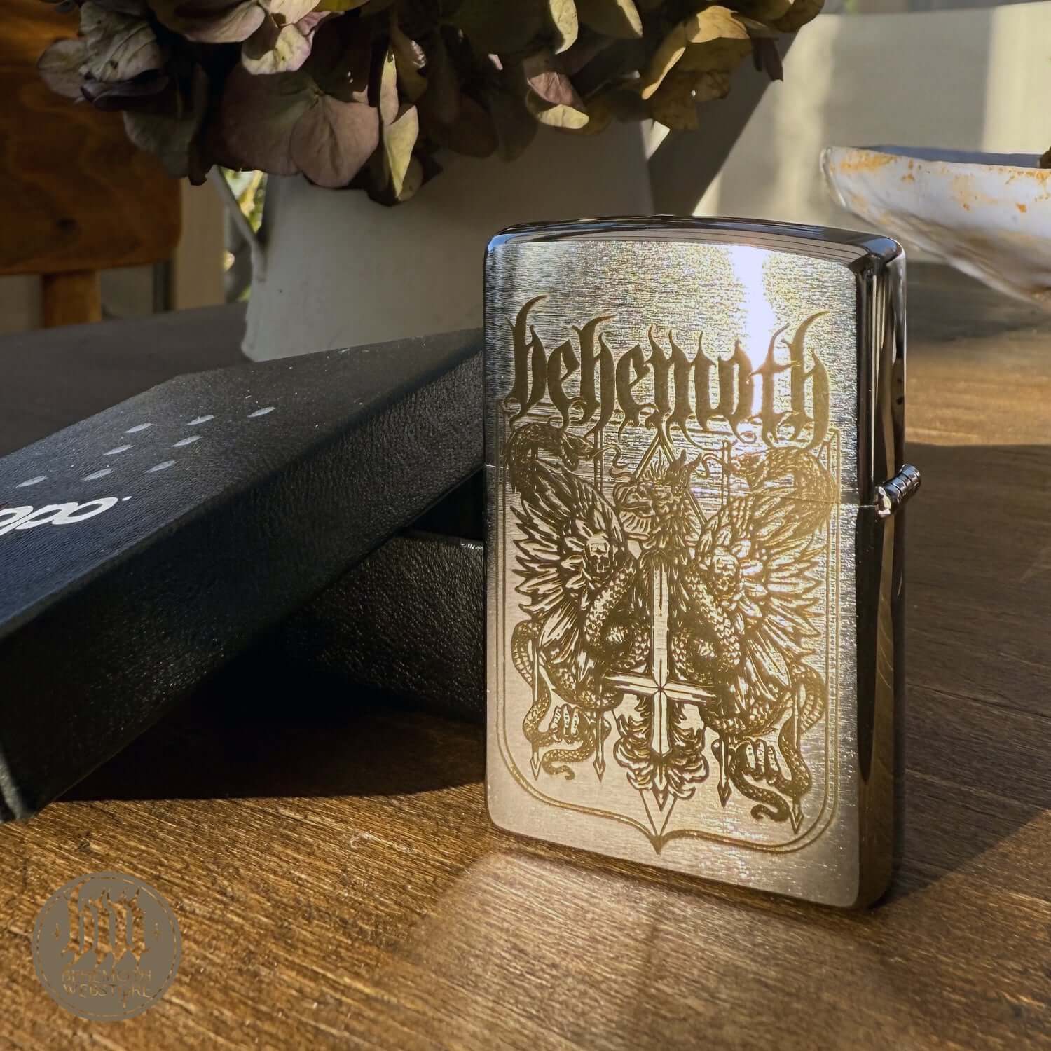 Behemoth 'Republic of the Unfaithful' official Zippo lighter with laser-engraved design on brushed chrome.