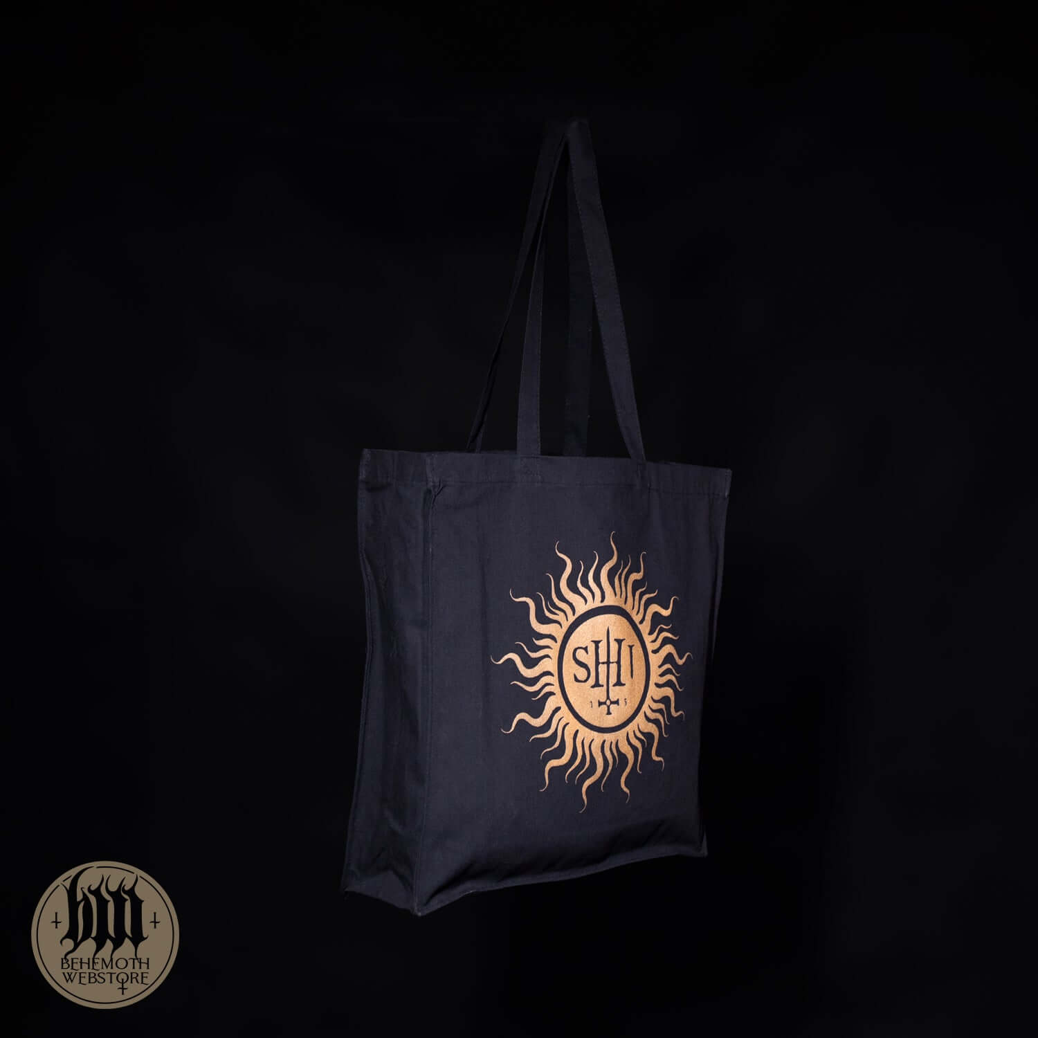 100% cotton Behemoth tote bag with sun sigil design, durable with strong handles, perfect for fans, made in Poland.