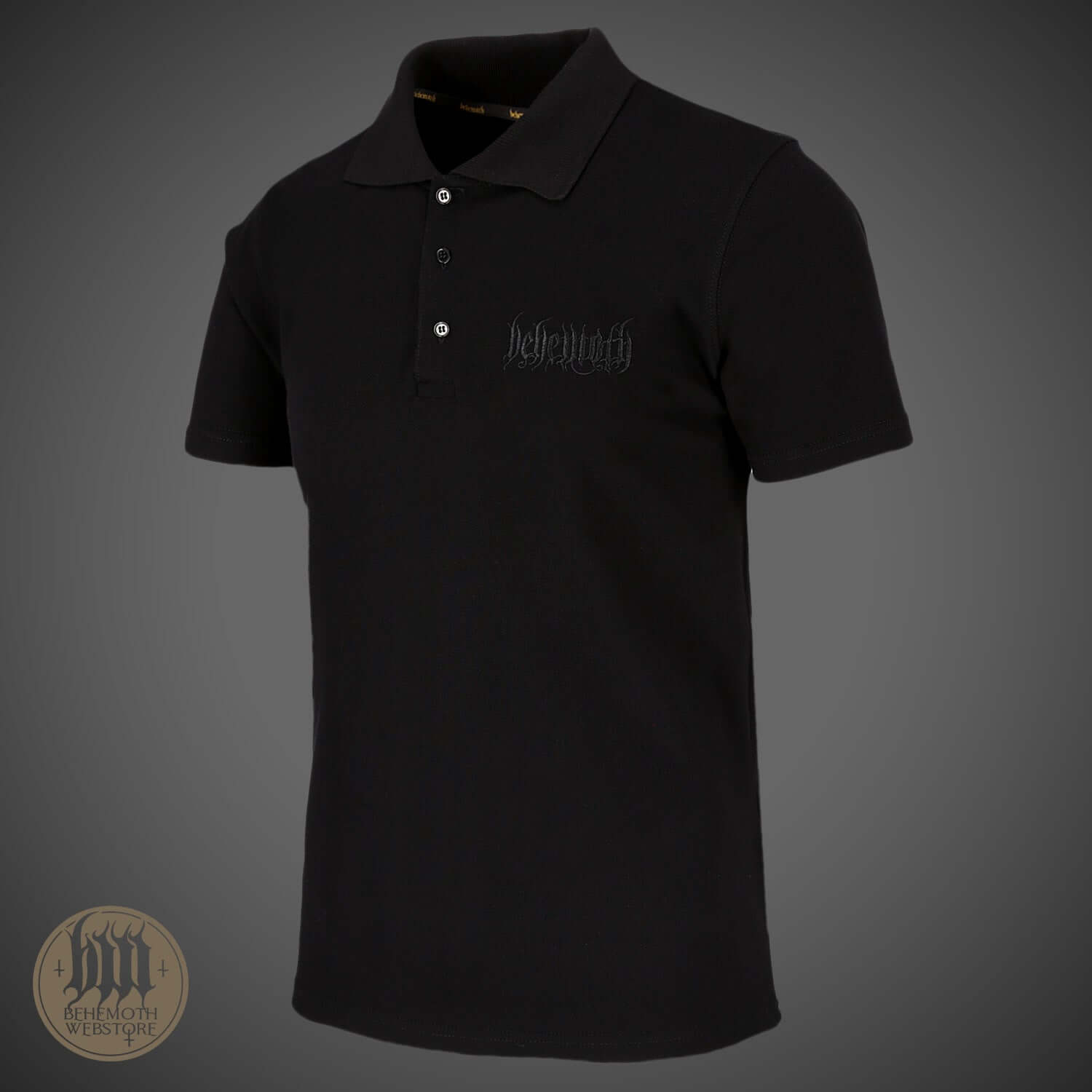 Behemoth 'The Satanist' black polo shirt from BOTB collection with logo and Unholy Trinity embroidery, minimalist design for fans.