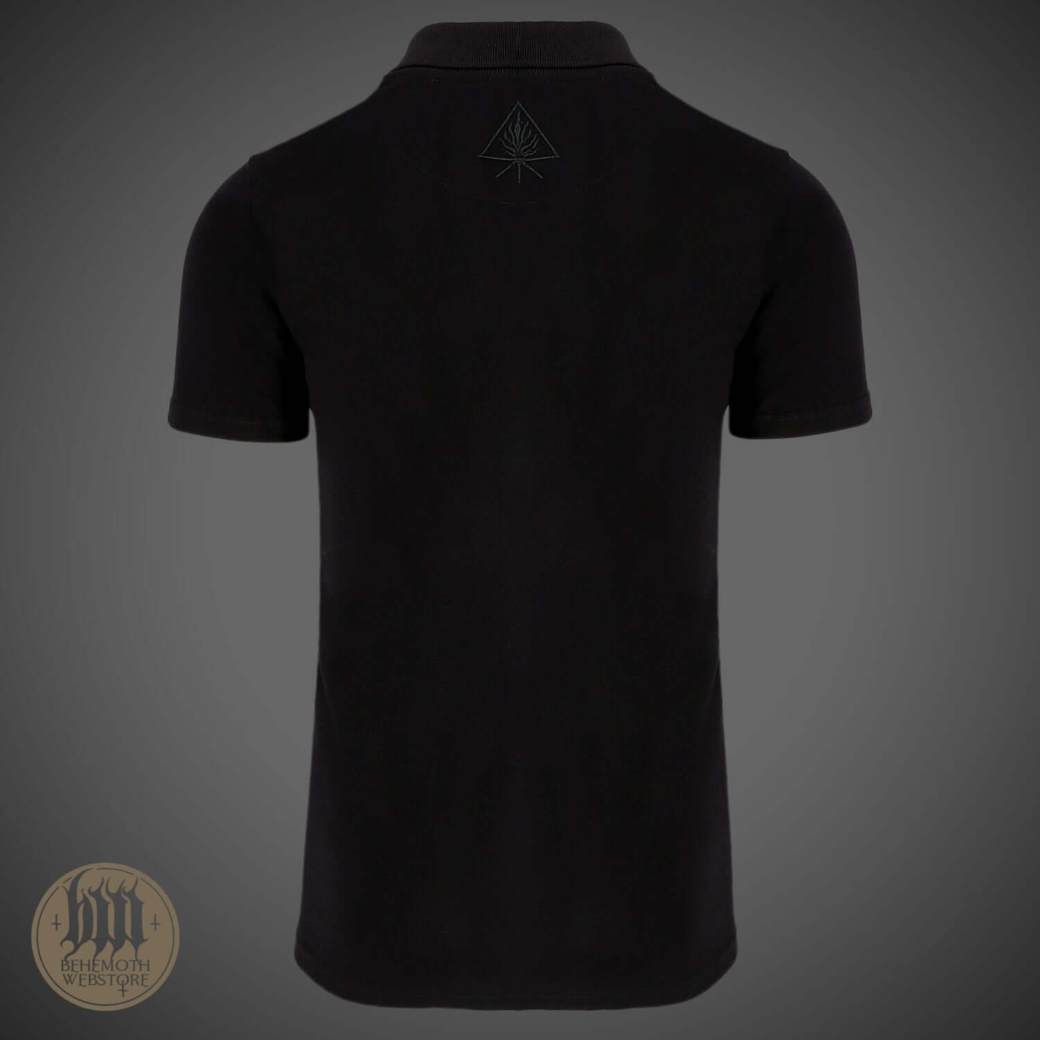 Back view of Behemoth 'The Satanist' Black Polo from BOTB collection with Unholy Trinity symbol embroidered on the neck.