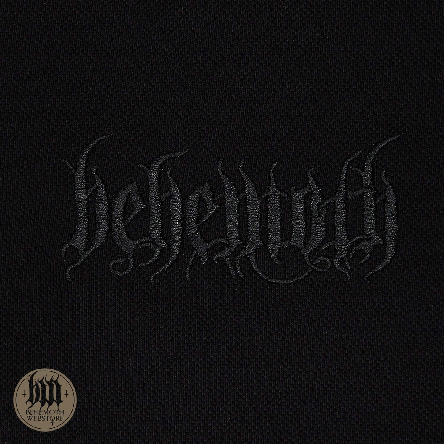 Behemoth The Satanist black polo shirt with embroidered logo from Blackest Ov The Black collection, featuring dark, bold design.