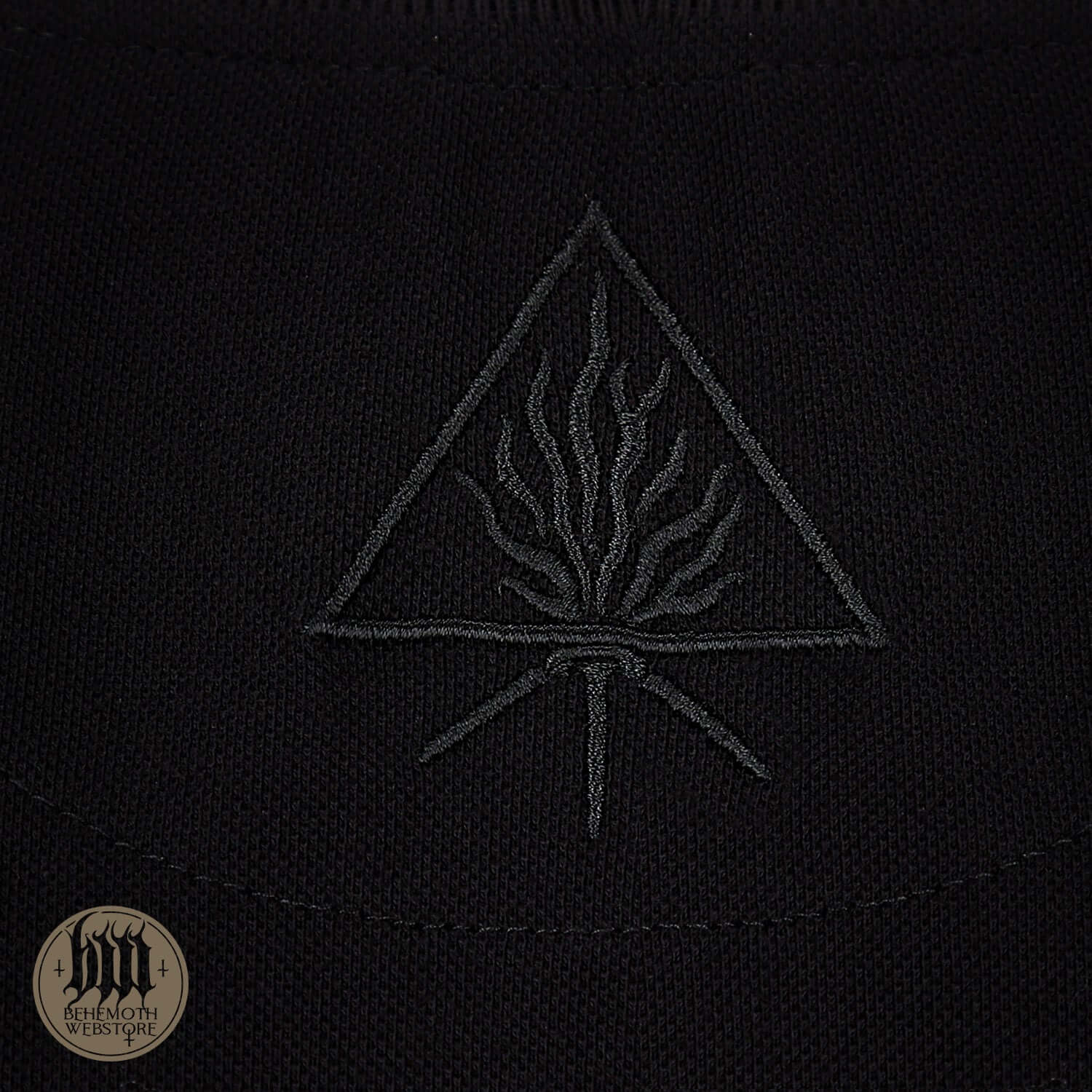 Behemoth 'The Satanist' black polo with Unholy Trinity symbol embroidered on neck, from Blackest Ov The Black (BOTB) collection.