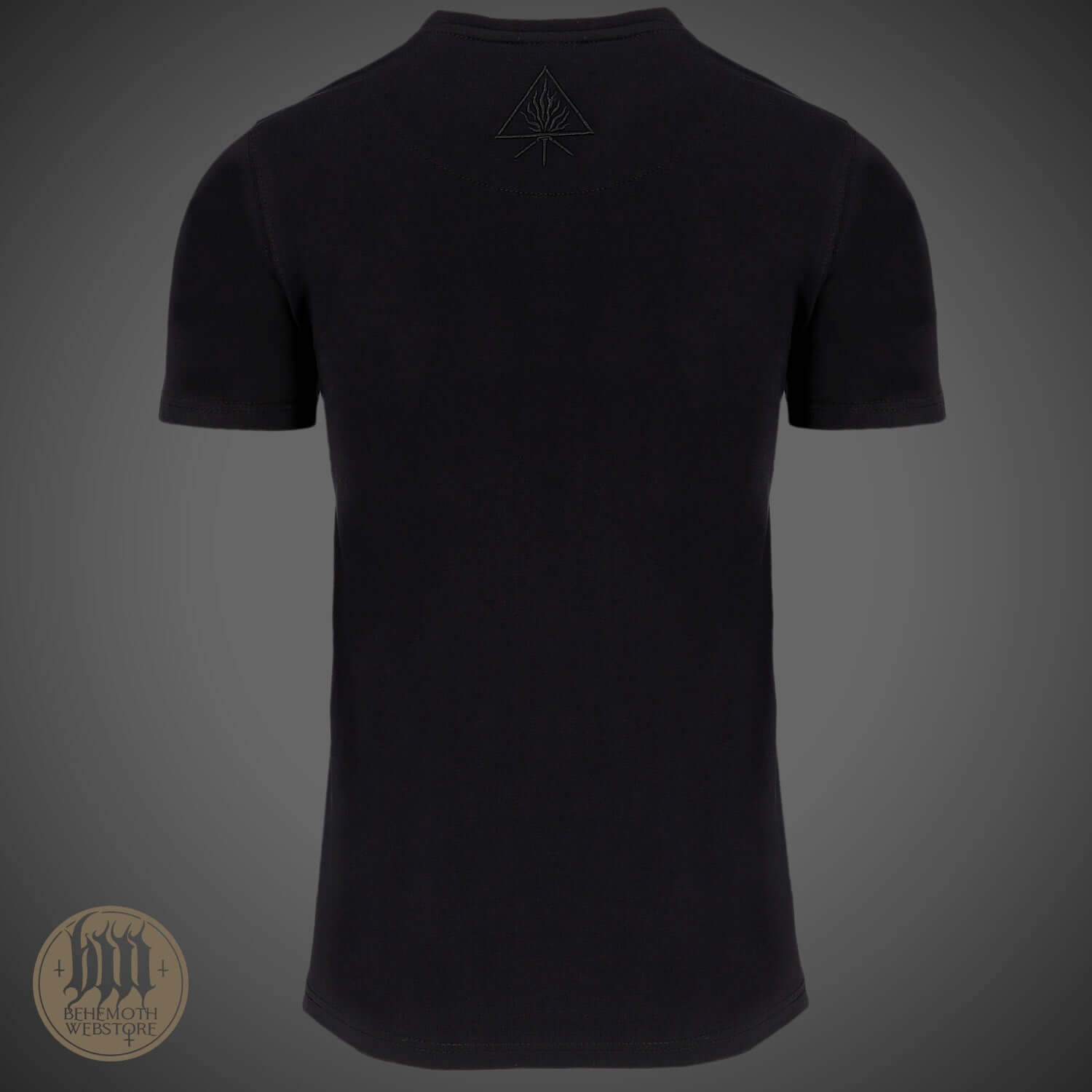 Behemoth 'The Satanist' Black T-Shirt, BOTB Collection, featuring embroidered logo and Unholy Trinity symbol, unisex sizing.