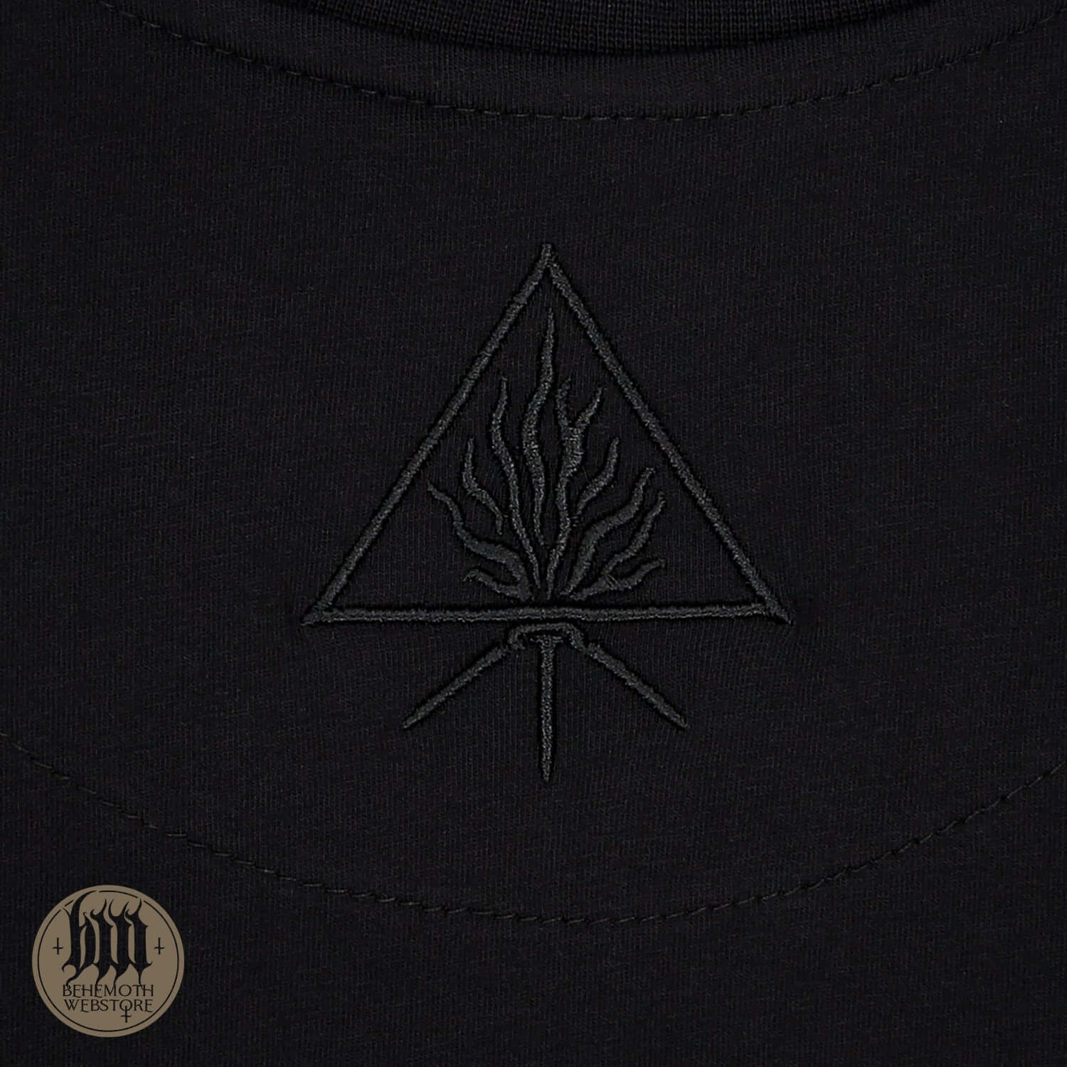 Unisex Behemoth 'The Satanist' Black T-Shirt featuring embroidered Unholy Trinity symbol from Blackest Ov The Black collection.