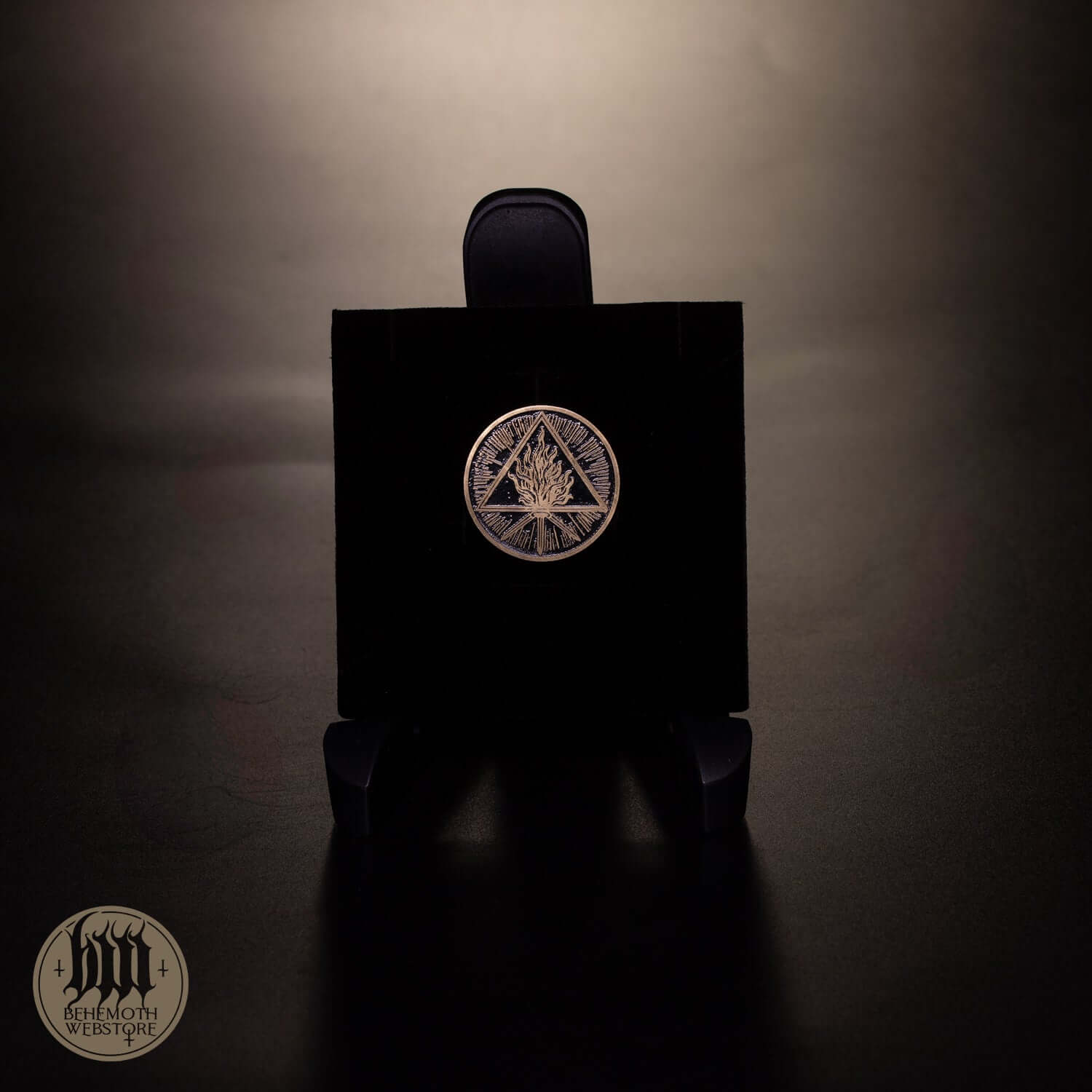 Behemoth 'The Unholy Trinity' brass pin on display, 3 cm diameter, featuring a patinated finish, perfect for collectors and fans.