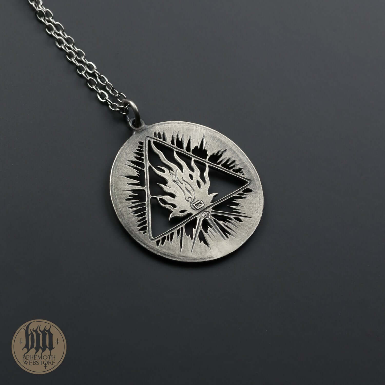 Behemoth 'The Unholy Trinity' sterling silver necklace with dark openwork pendant, crafted using ancient lost wax technique.