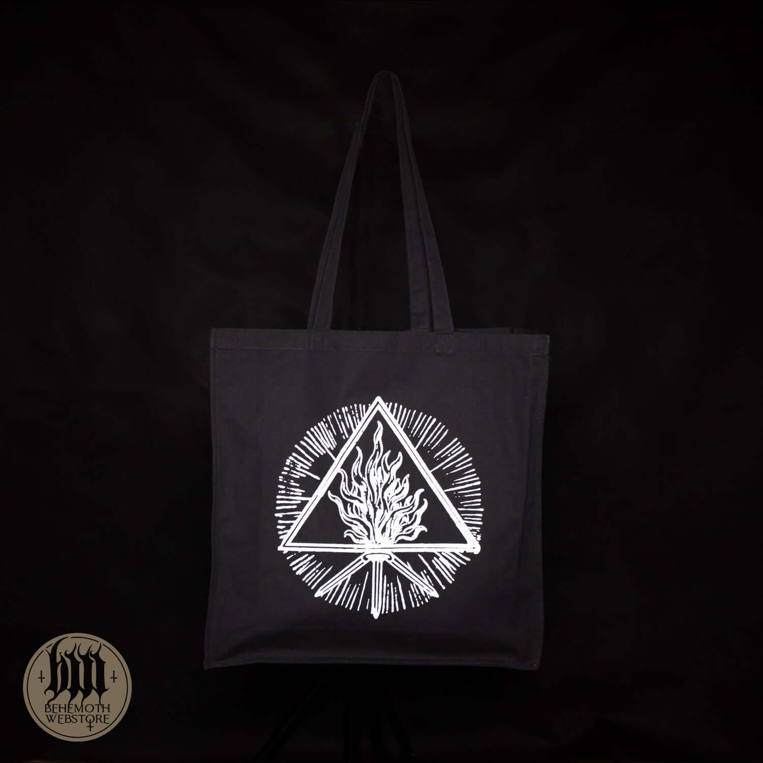 Black 100% cotton tote bag featuring Behemoth sigil screen print, strong handles, durable design, perfect for fans.