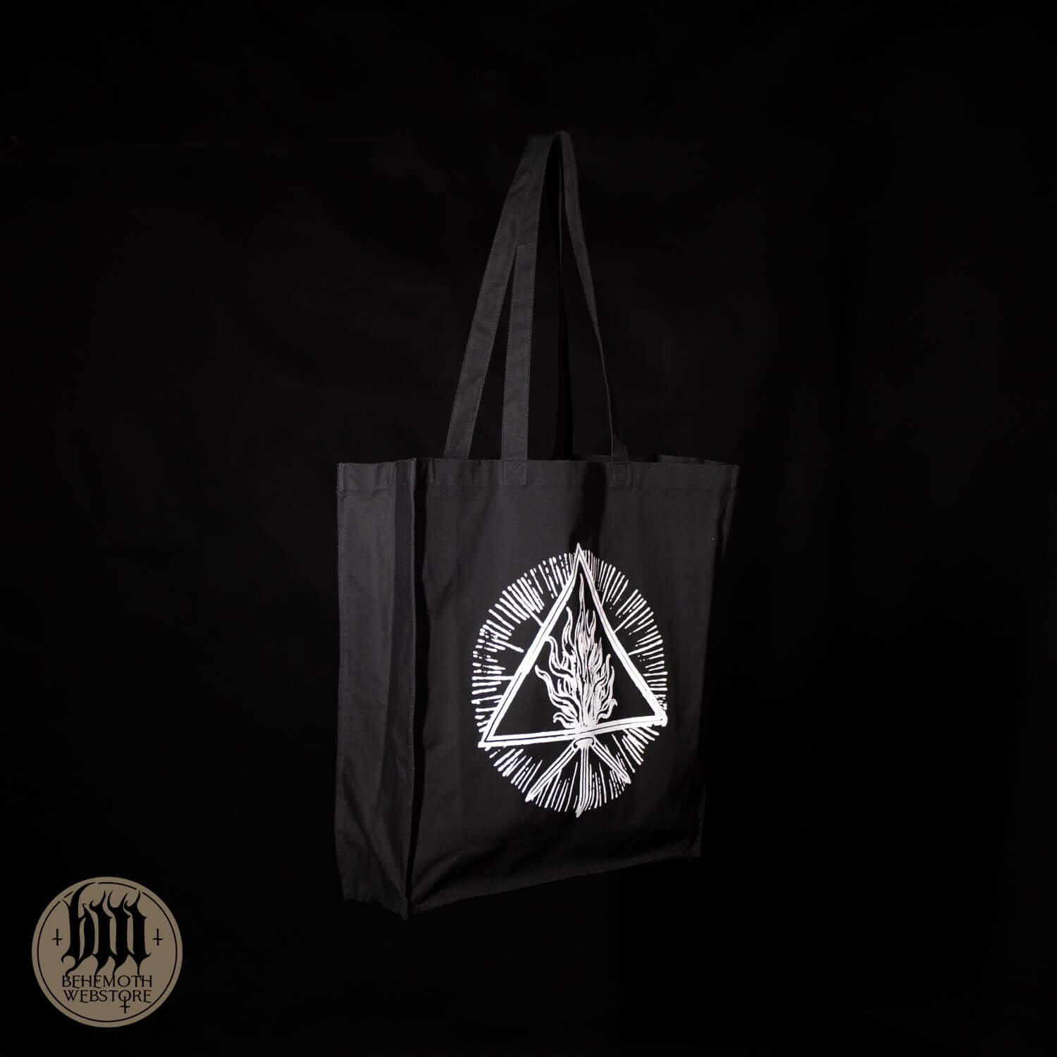 100% cotton tote bag with Behemoth sigil screen print, durable and stylish design, perfect for fans. Black color with strong handles.