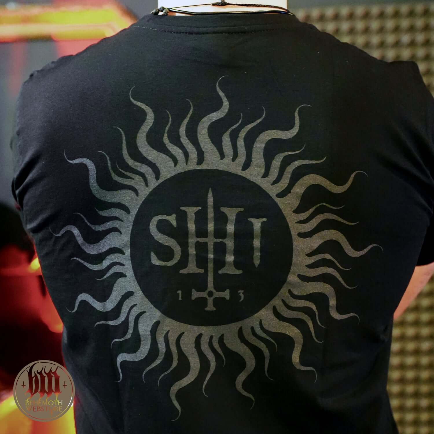 Behemoth TSOG Absolvte Black T-Shirt featuring a bold sun and sword graphic design on the back, crafted from premium cotton.