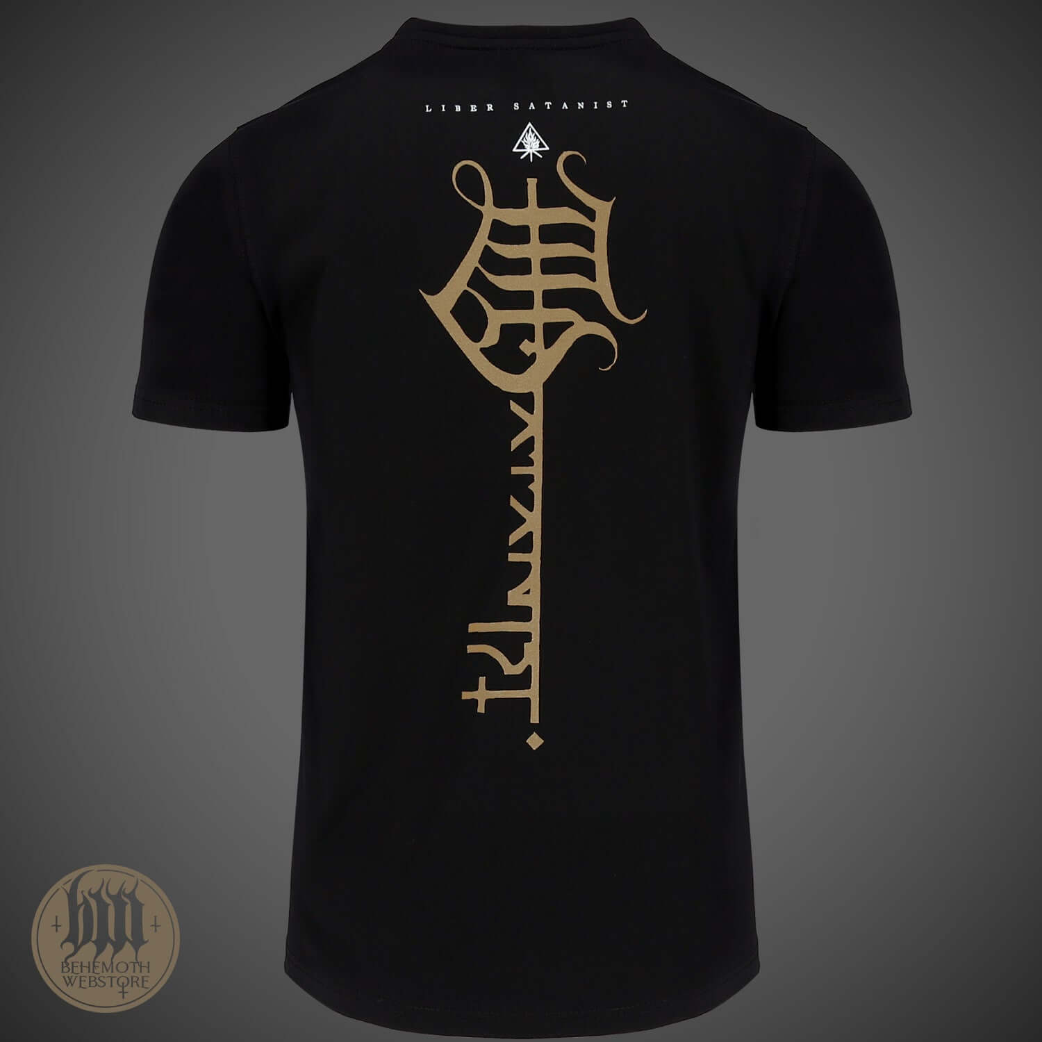 Back view of 'Acephale' Behemoth T-Shirt with symbolic design, commemorating 'The Satanist' album's 10th anniversary.