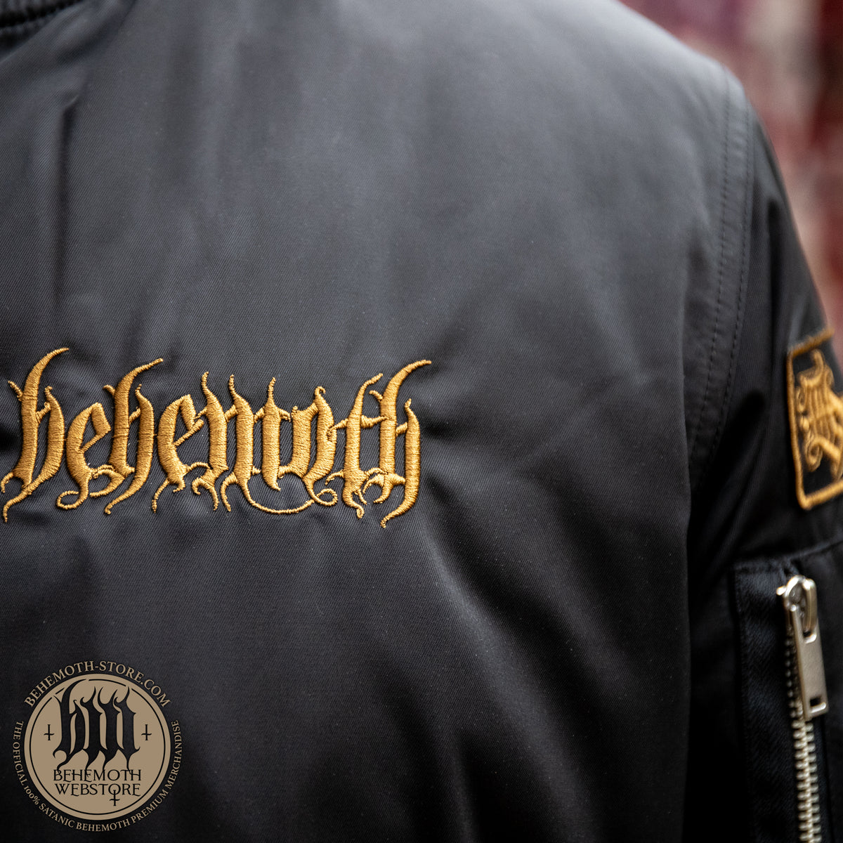 Behemoth chest logo embroidered in dark gold thread