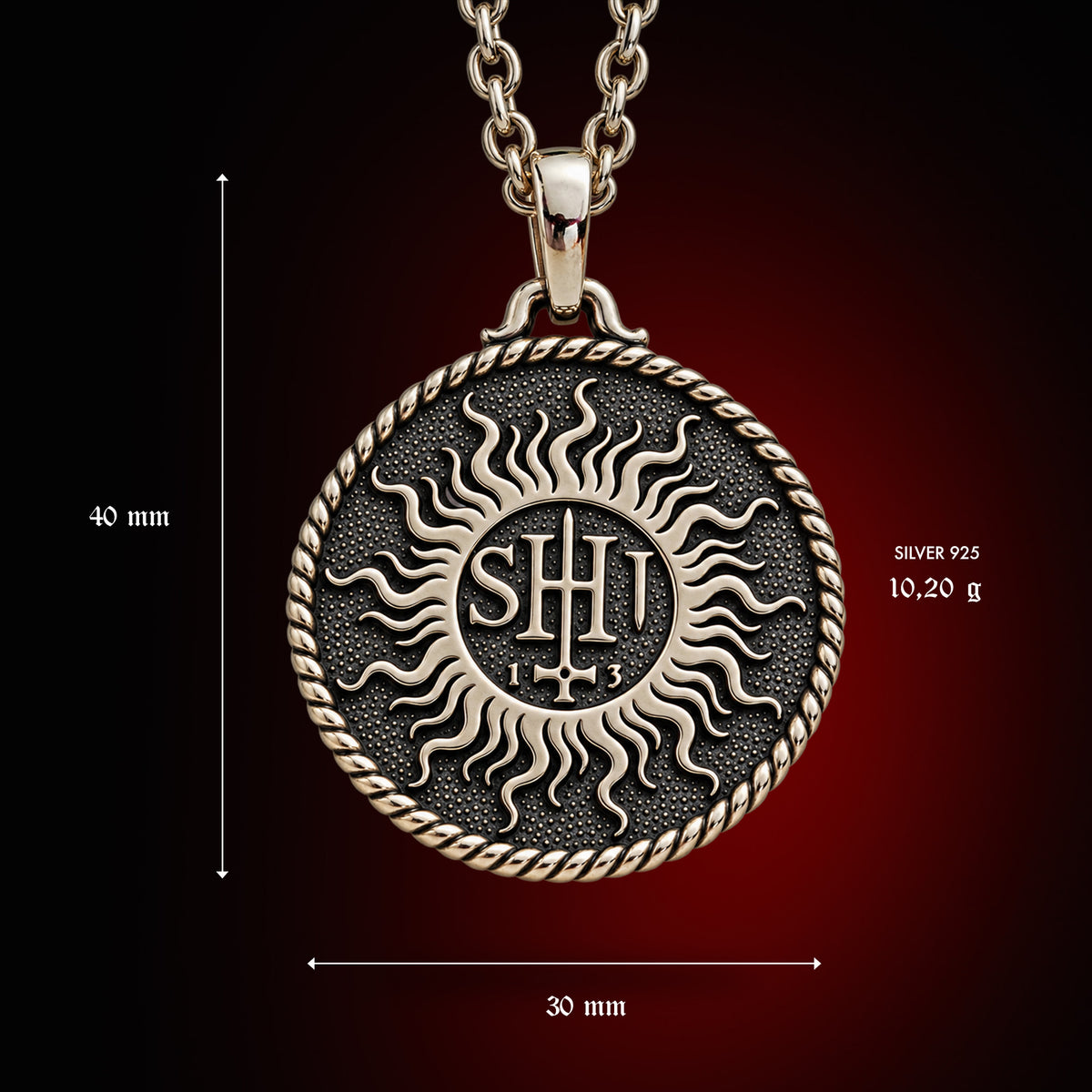 Behemoth TSOG Sigil pendant specifications: 925 silver, 30 mm diameter, 40 mm including bail, 10.20 g