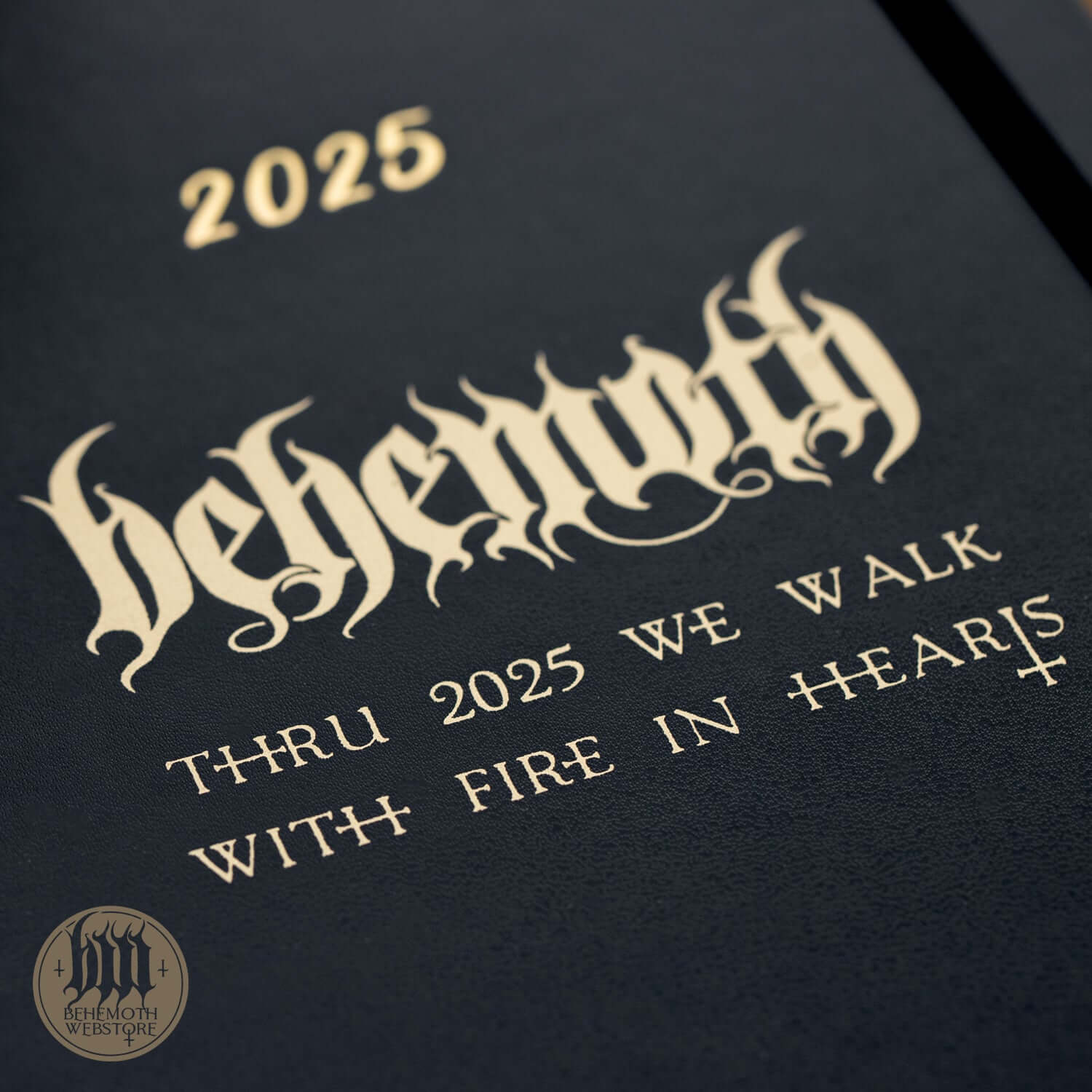 Cover of Behemoth 'Thru 2025 We Walk' Moleskine 2025 Calendar with decorative text and logo.