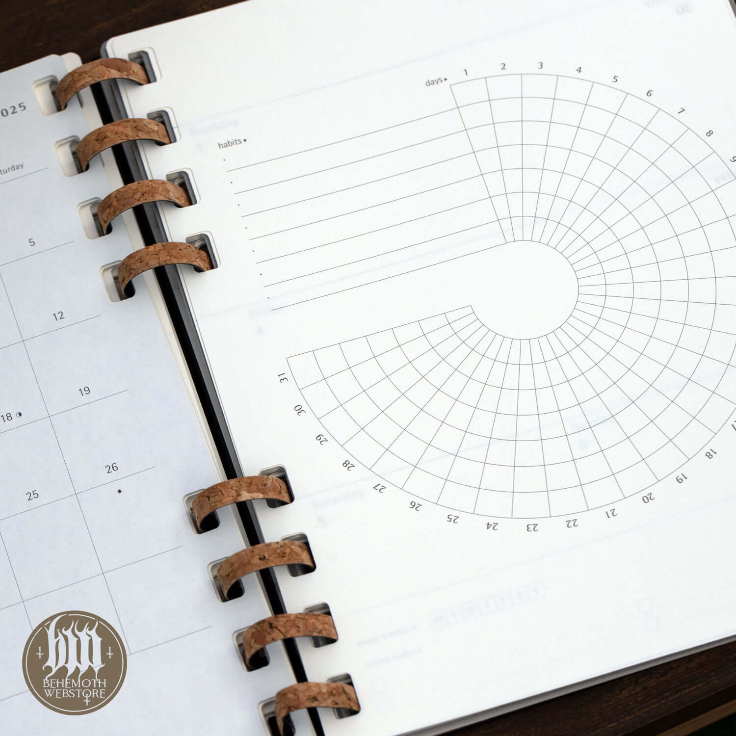 Behemoth 'Thru 2025 We Walk' Moleskine calendar showing weekly and monthly planner layout, spiral binding, limited edition.