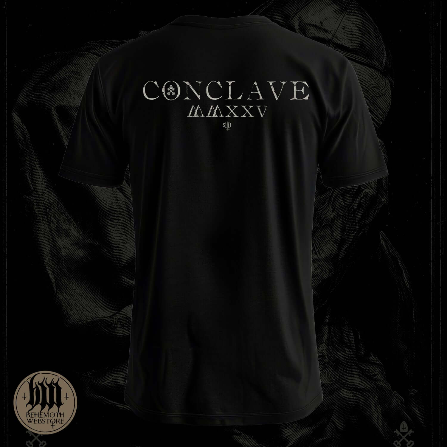 Koszulka Behemoth Conclave z nadrukiem na plecach, wykonane z bawełny premium, dostępna w przedsprzedaży, ekskluzywny wzór dostępny tylko przez 48 godzin.