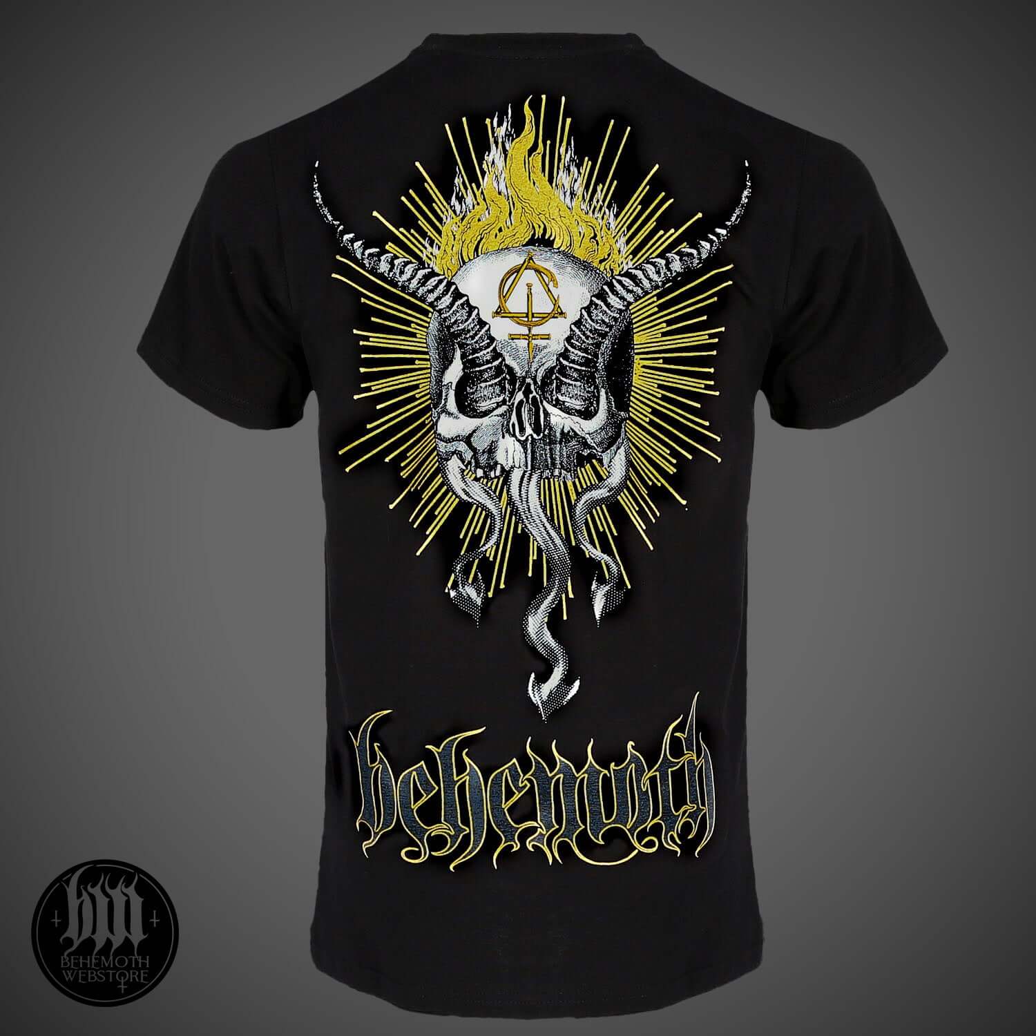 Back view of 'Black Contra' Behemoth T-Shirt with skull and horned design, featuring bold graphic prints on a black cotton fabric.