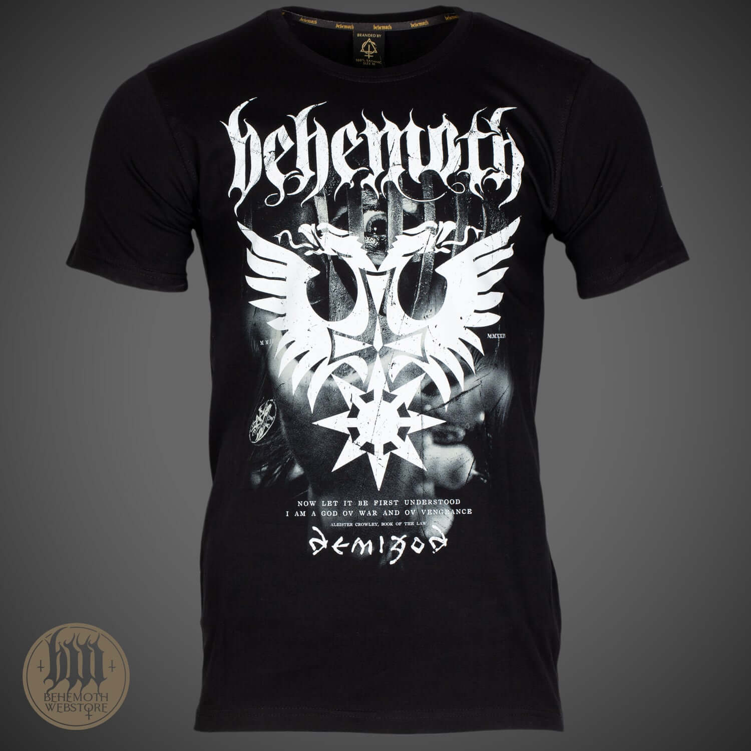 Behemoth Demigod Phoenix XX T-Shirt featuring exclusive 20th anniversary design by Bartek Rogalewicz, made from premium cotton.