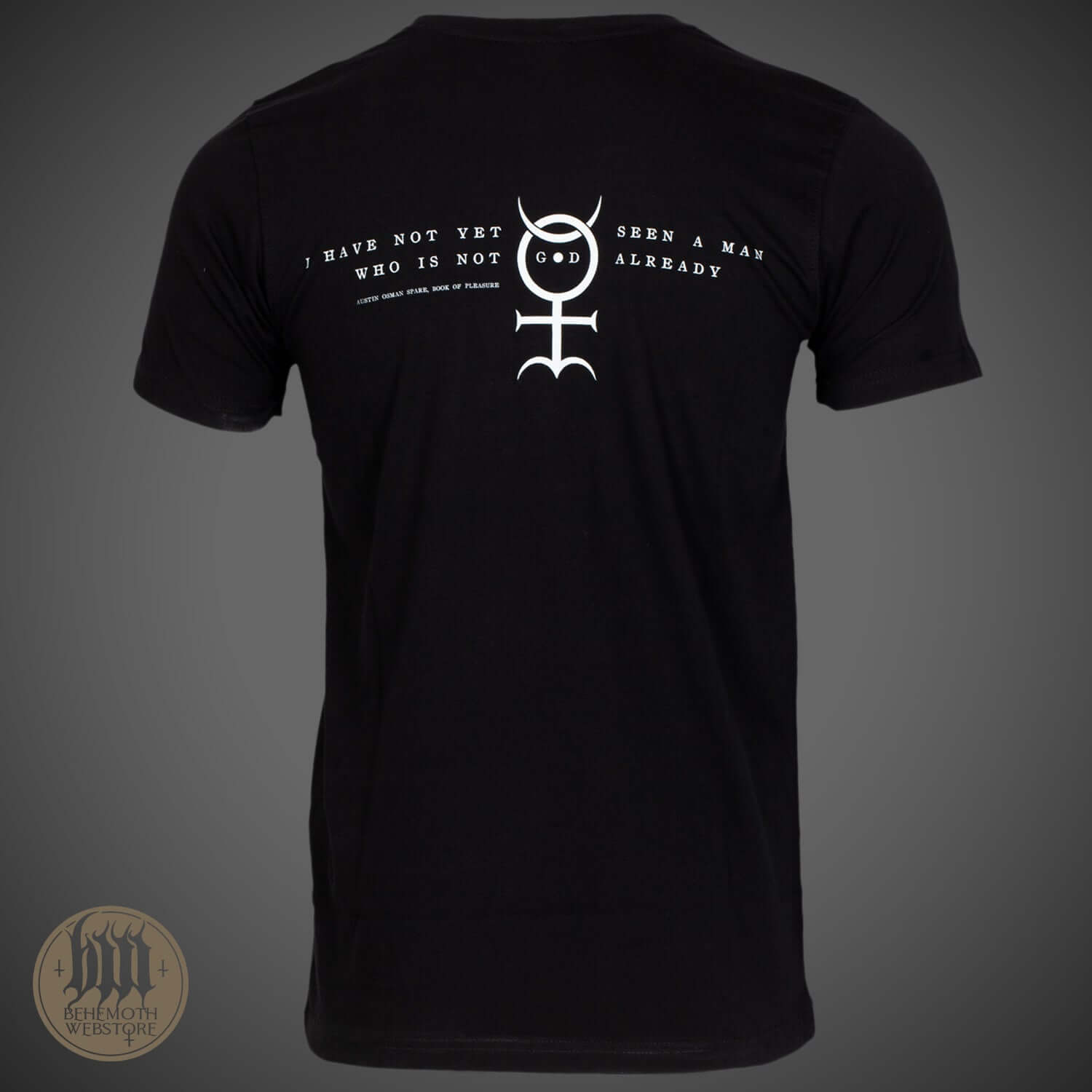 Back view of Behemoth - Demigod Phoenix XX T-Shirt with unique graphic design and quote, celebrating the metal band's 20th anniversary.