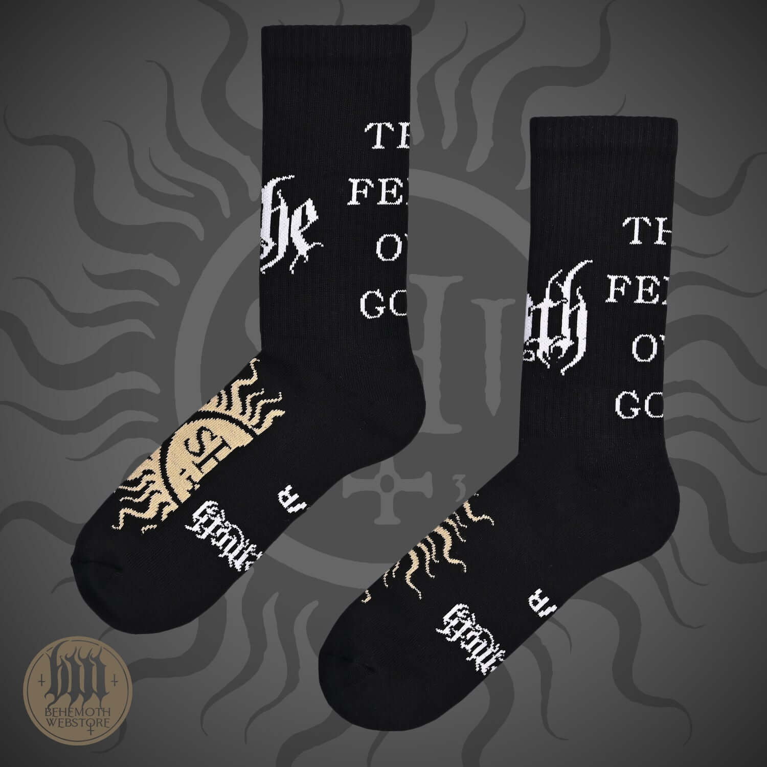 Behemoth The Feet Ov God mid-calf socks with logos and sigil, premium black socks made in Poland, durable and stylish footwear.