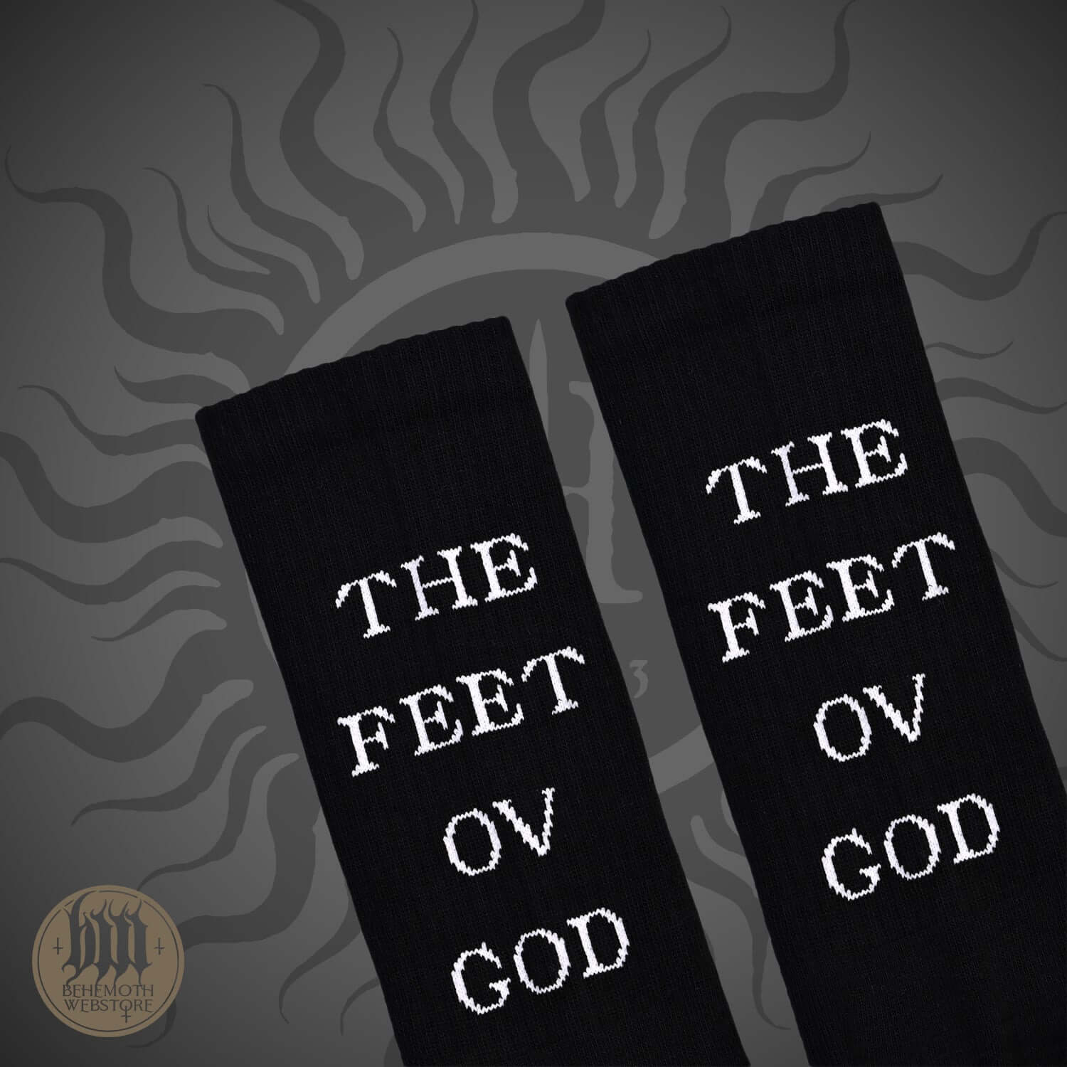The Feet Ov God socks by Behemoth with logo design, black mid-calf, featuring bold text, crafted in Poland for durability.