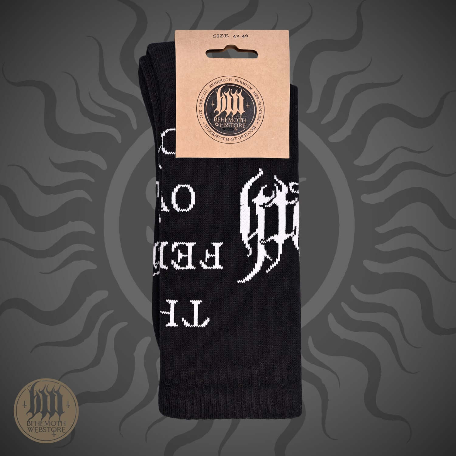 Behemoth 'The Feet Ov God' black socks with logo and sigil design, crafted in Poland for durability and style.