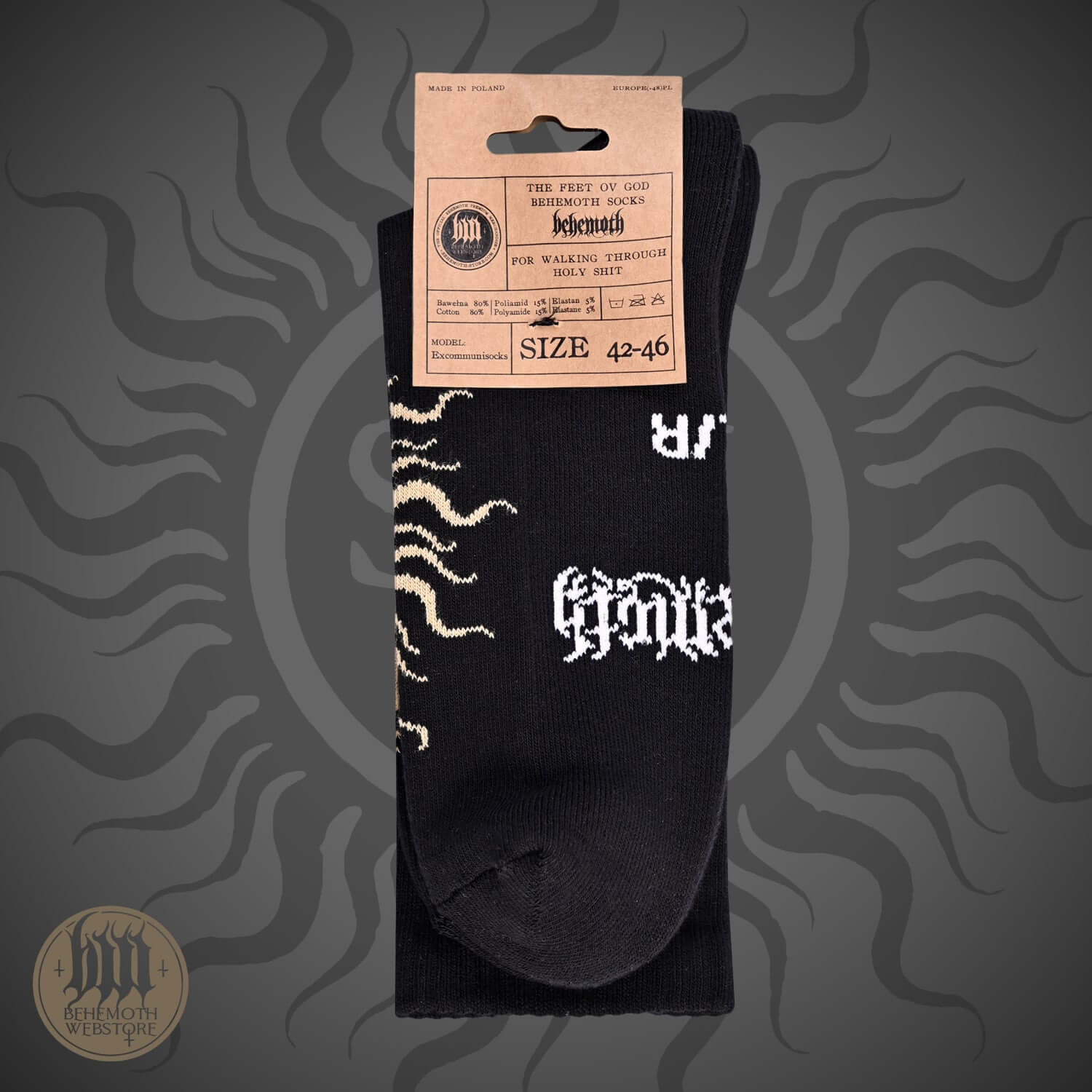 The Feet Ov God Behemoth mid-calf socks with Behemoth and sigil logos, made in Poland, offering durability, comfort, and style.