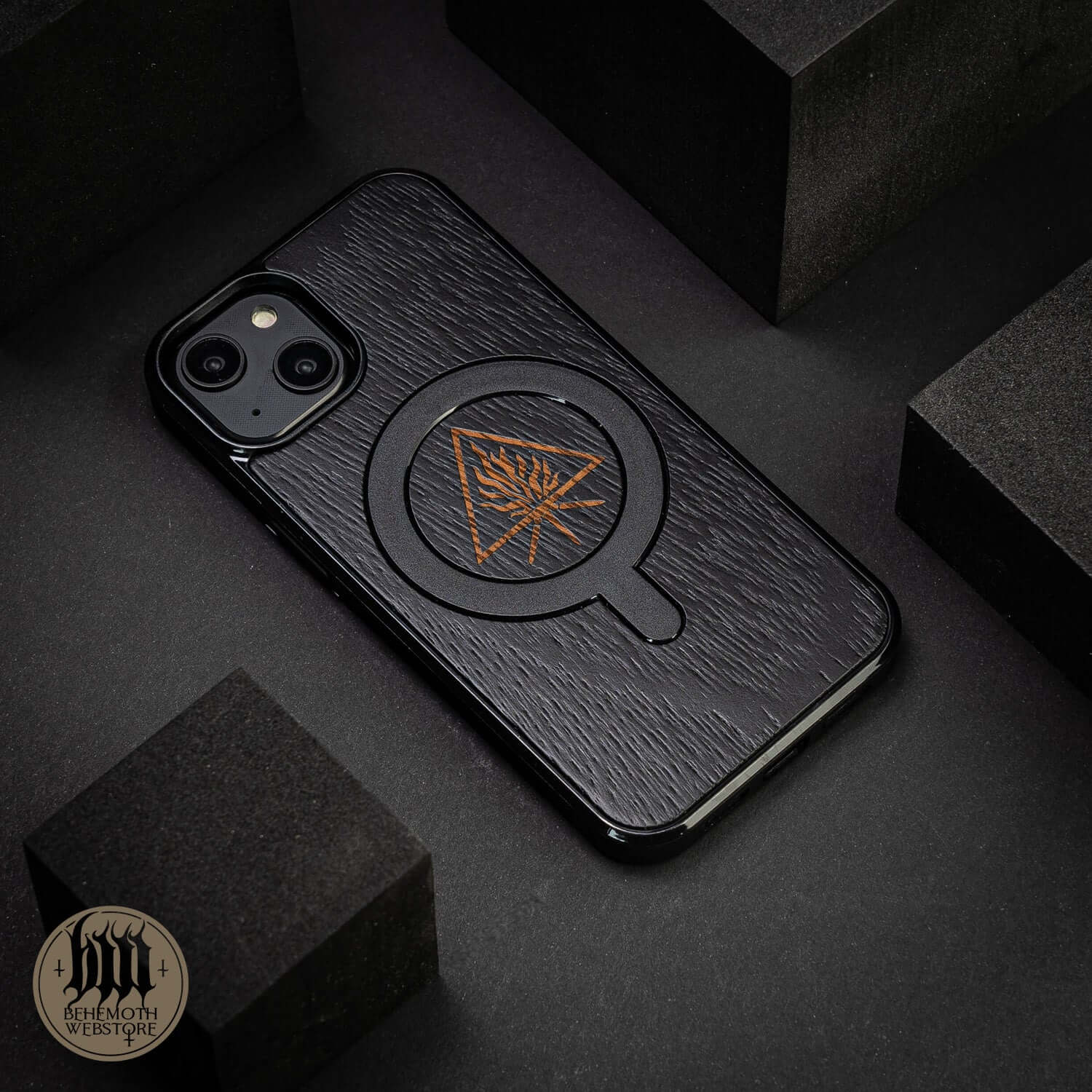 Behemoth 'The Unholy Trinity' black oak wooden MagSafe phone case with silicone TPU, hand-finished in Poland.