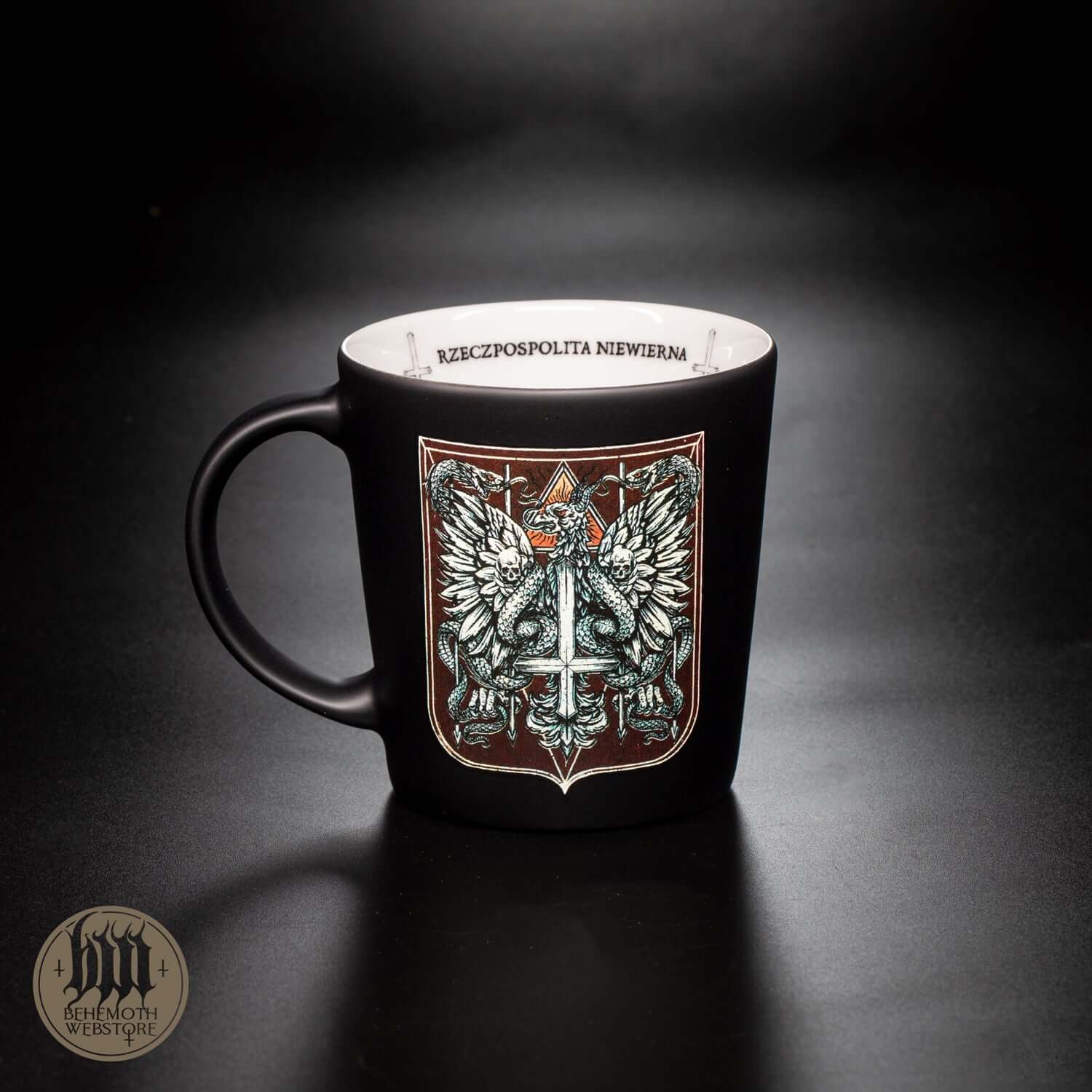 Behemoth 'Republic Of The Unfaithful' black porcelain mug with band logo and artwork, featuring "Rzeczpospolita Niewierna" inside.