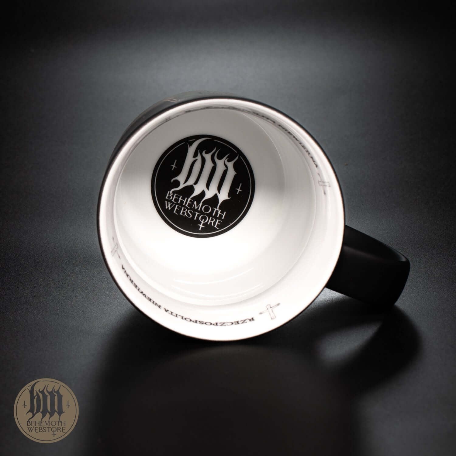 Behemoth 'Republic Of The Unfaithful' porcelain mug with black matte finish, featuring dual logos and 'Rzeczpospolita Niewierna' inside.