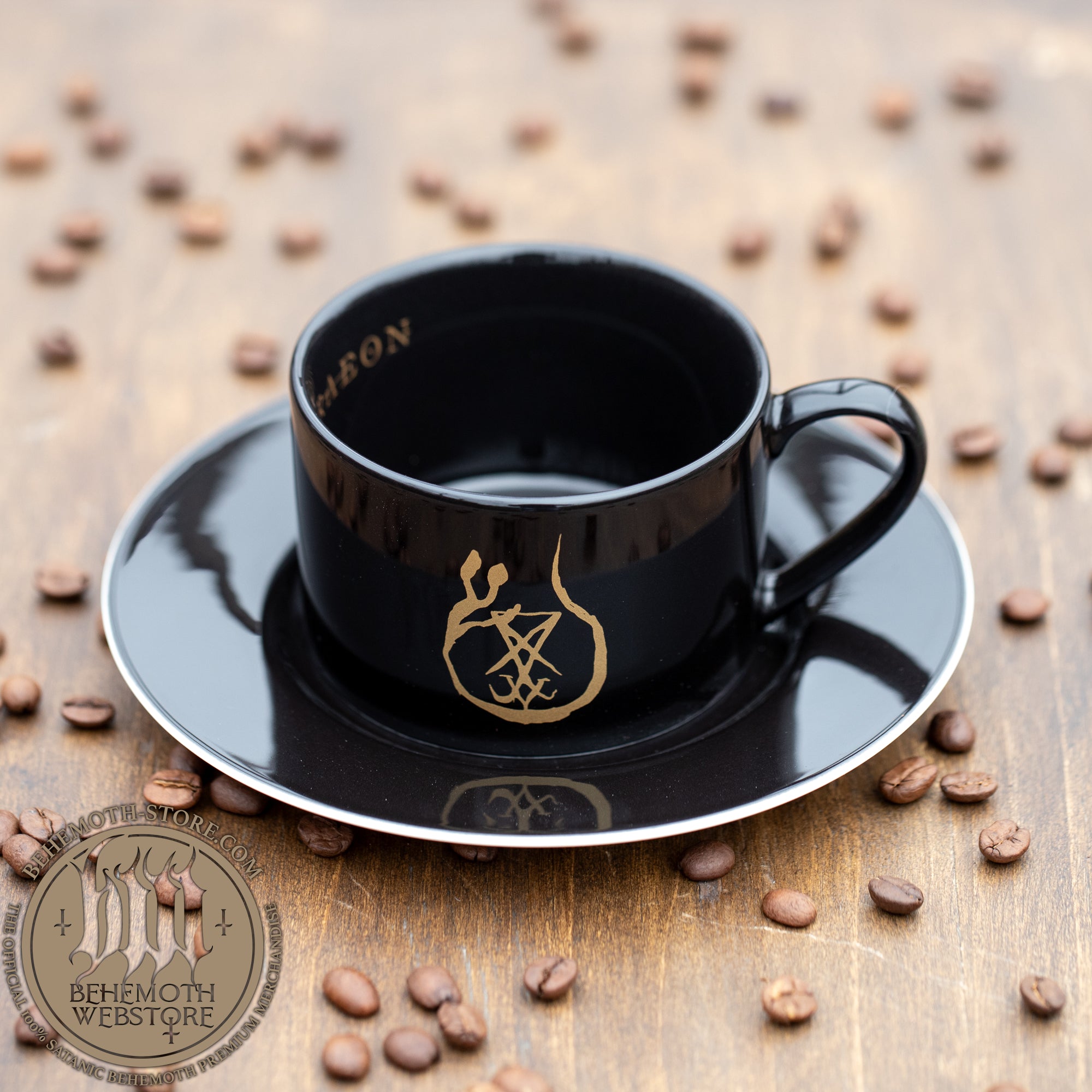 Behemoth – taza y plato “Lvciferaeon” de New Bone China (negro, 230 ml)