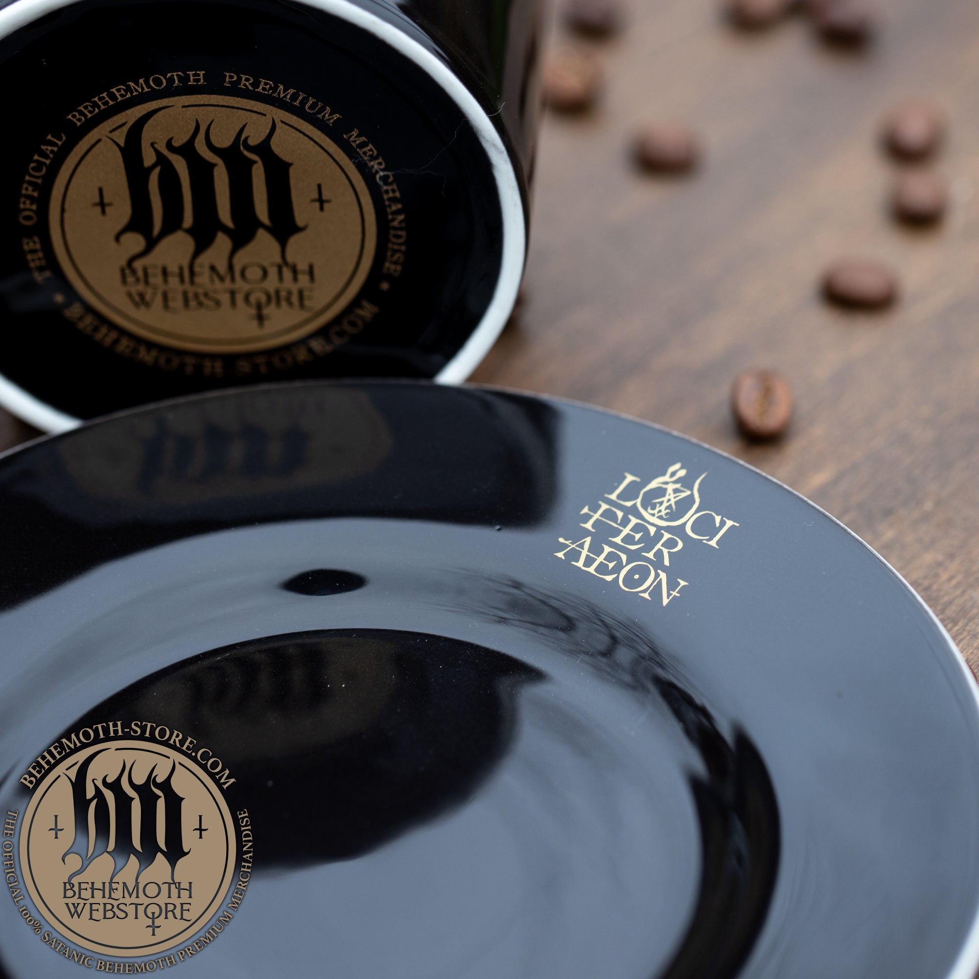 Behemoth – taza y plato “Lvciferaeon” de New Bone China (negro, 230 ml)