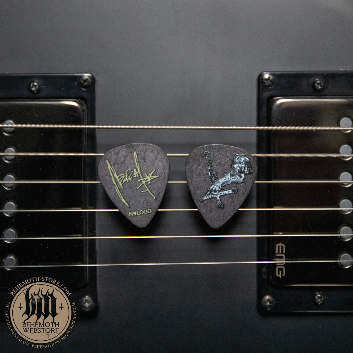 Nergal Cross Black guitar pick — front and reverse; sold individually