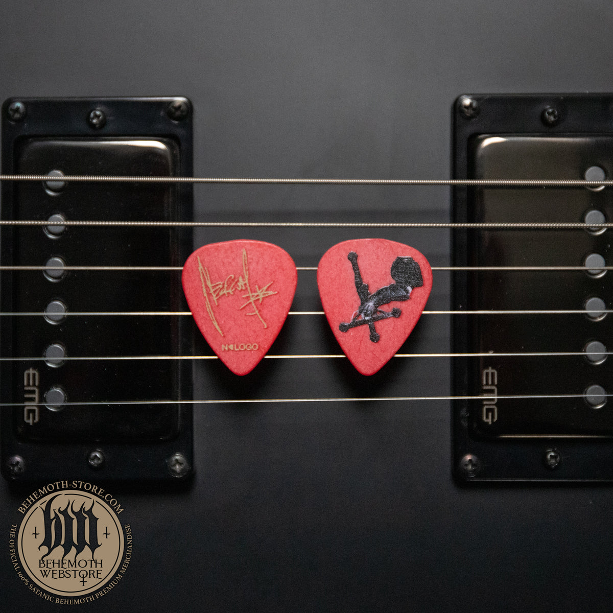 Nergal Cross — Red guitar pick — front and reverse; sold individually