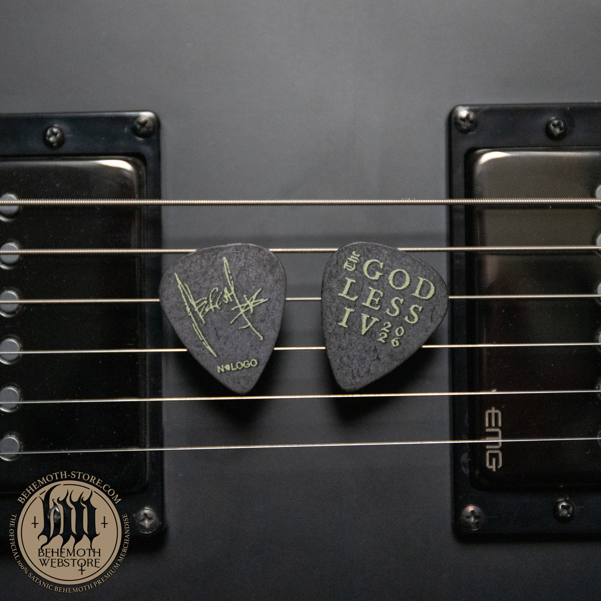 Nergal The Godless IV guitar pick — front and reverse; sold individually