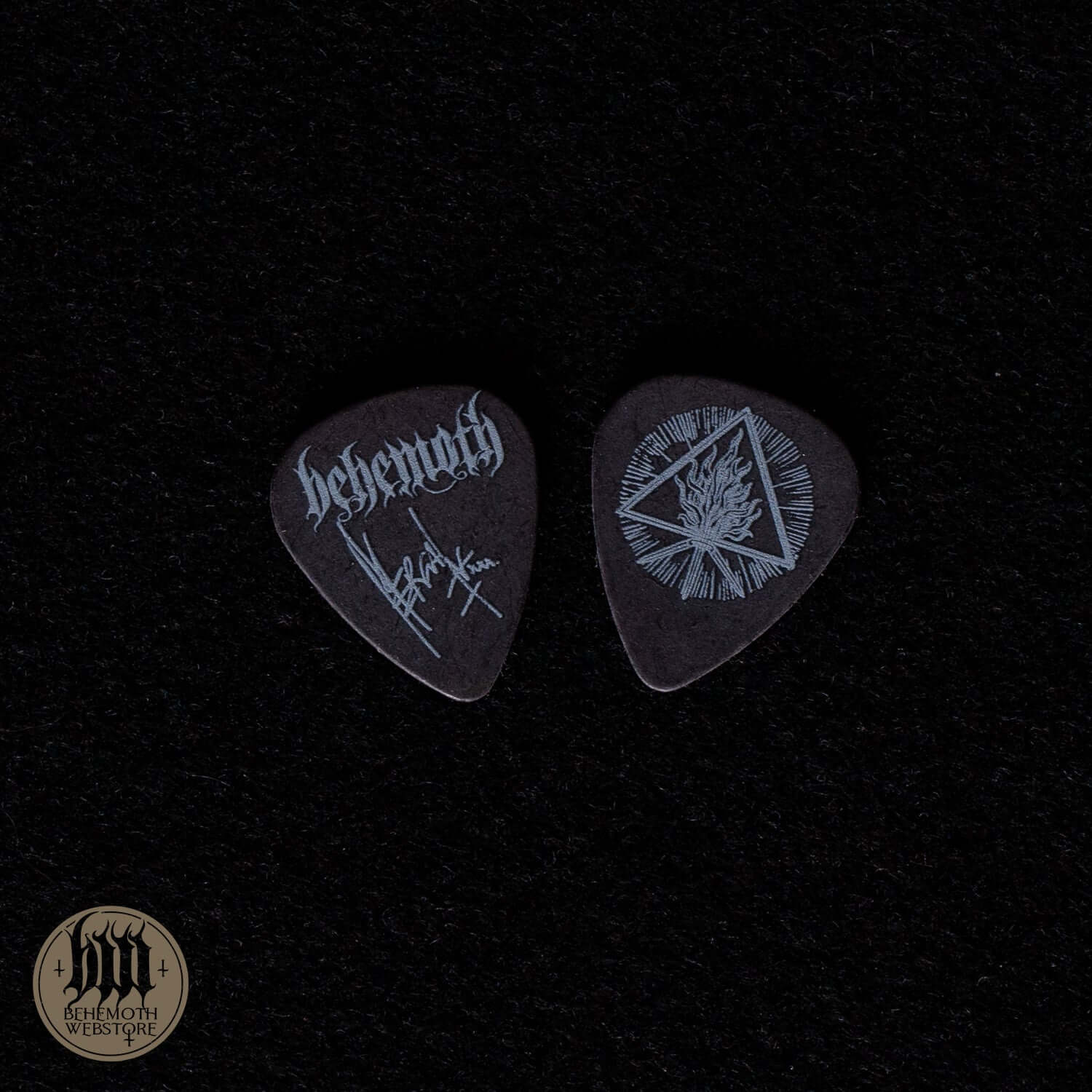 Black Nergal signature plastic guitar pick with 1mm thickness, featuring unique Behemoth design. Sold individually.