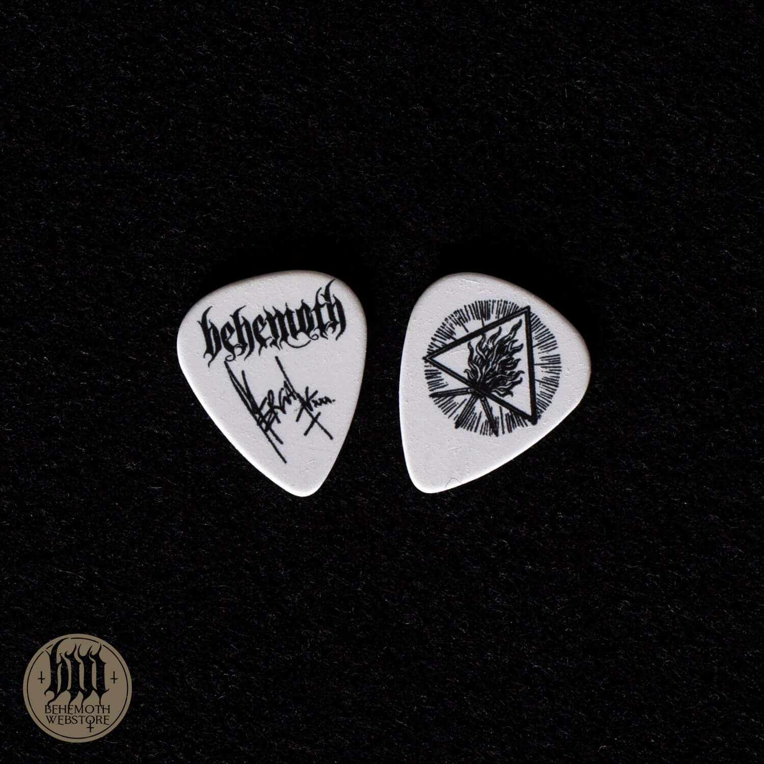 Nergal signature 1mm white plastic guitar pick with unique design and logo, perfect for musicians seeking style and performance.
