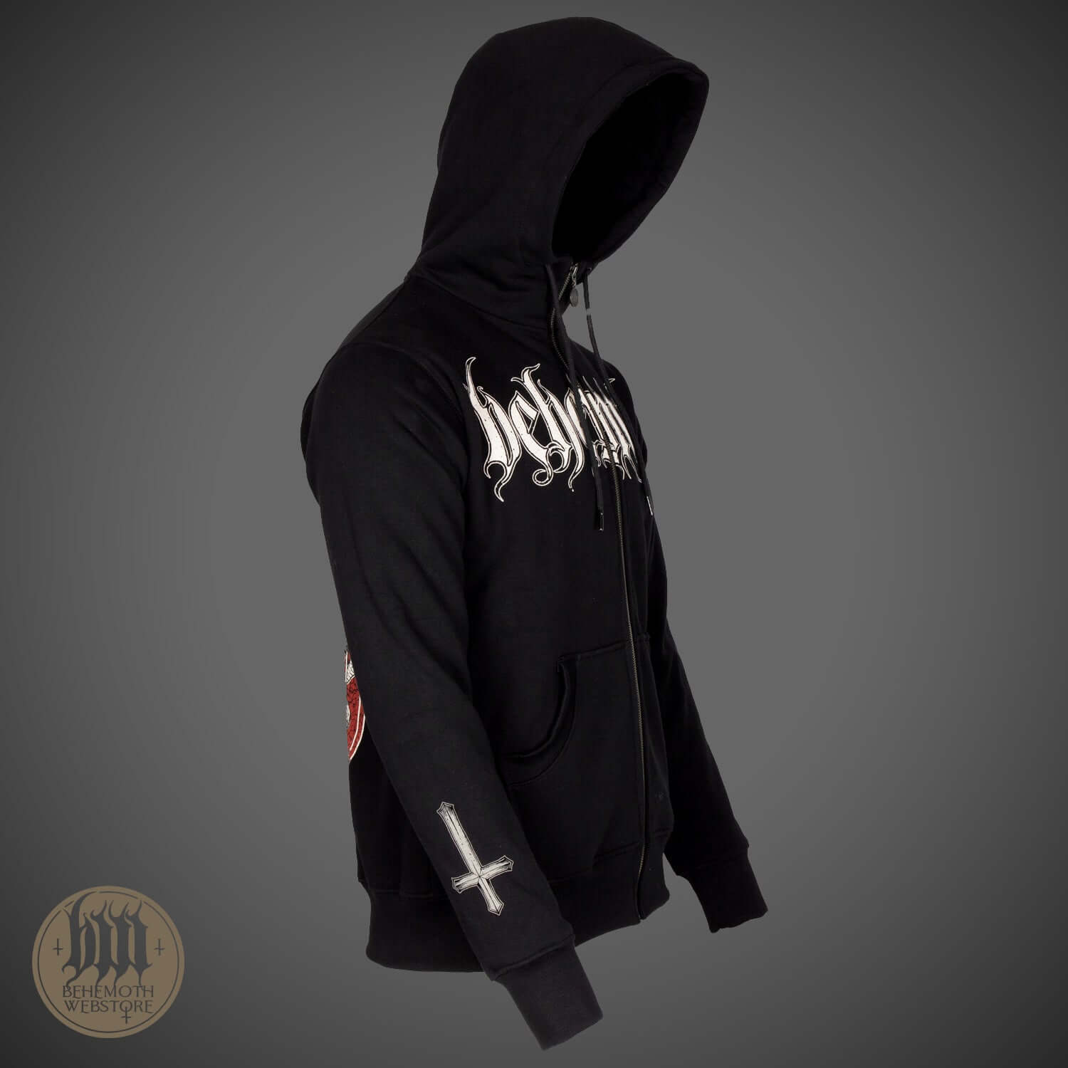 Behemoth 'Republic Of The Unfaithful' black hooded sweatshirt with zip featuring symbolic designs of freedom of speech. Support artistic freedom.