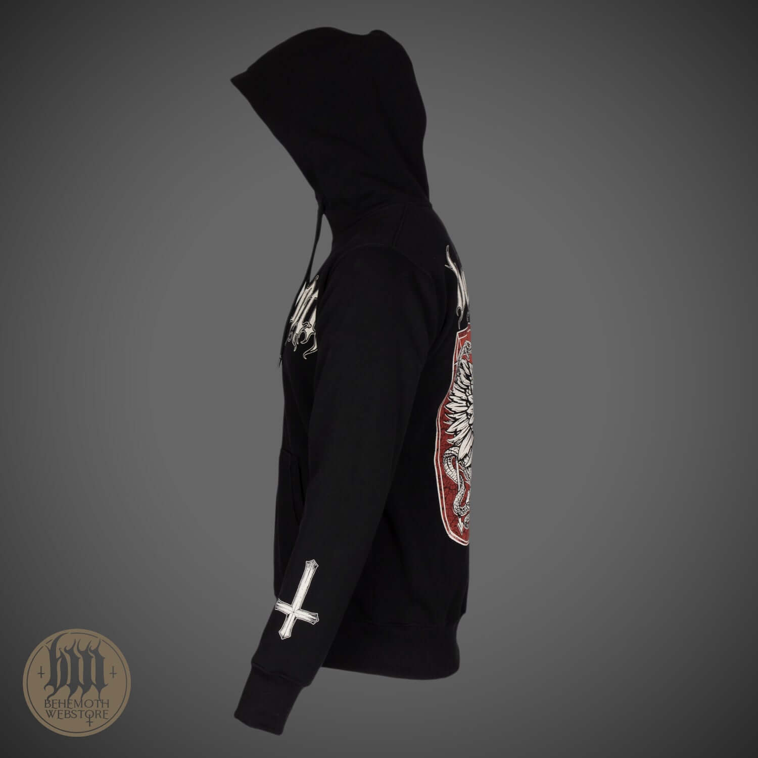 Side view of Behemoth 'Republic Of The Unfaithful' black hooded sweatshirt with zip featuring bold graphic design.