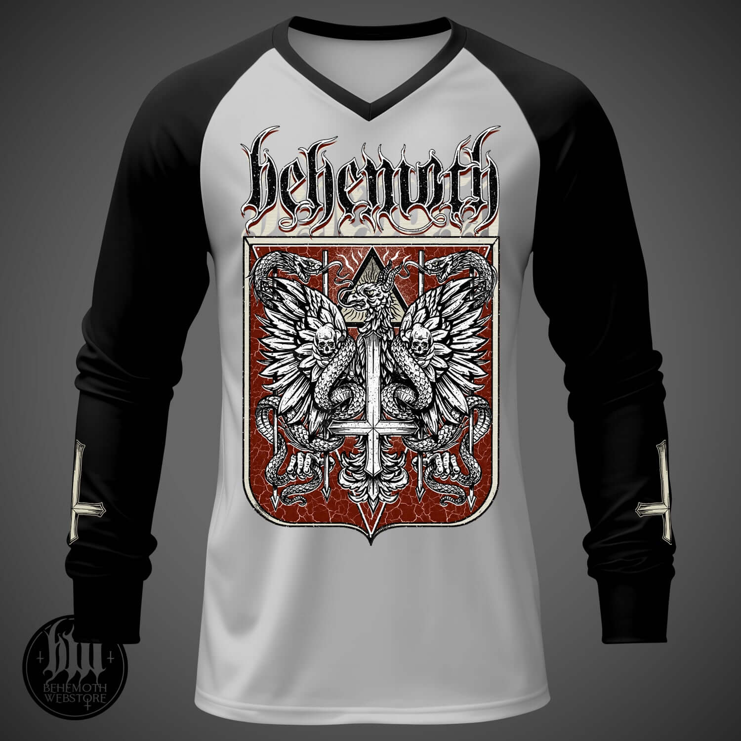 Behemoth Long Sleeve Shirt with Symbolic Design, Black & White Raglan, Representing Freedom of Speech and Artistic Expression