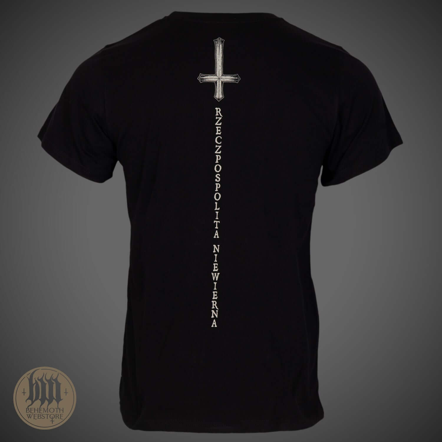 Back view of 'The Republic Of The Unfaithful' Behemoth T-Shirt featuring cross design symbolizing victory over censorship.