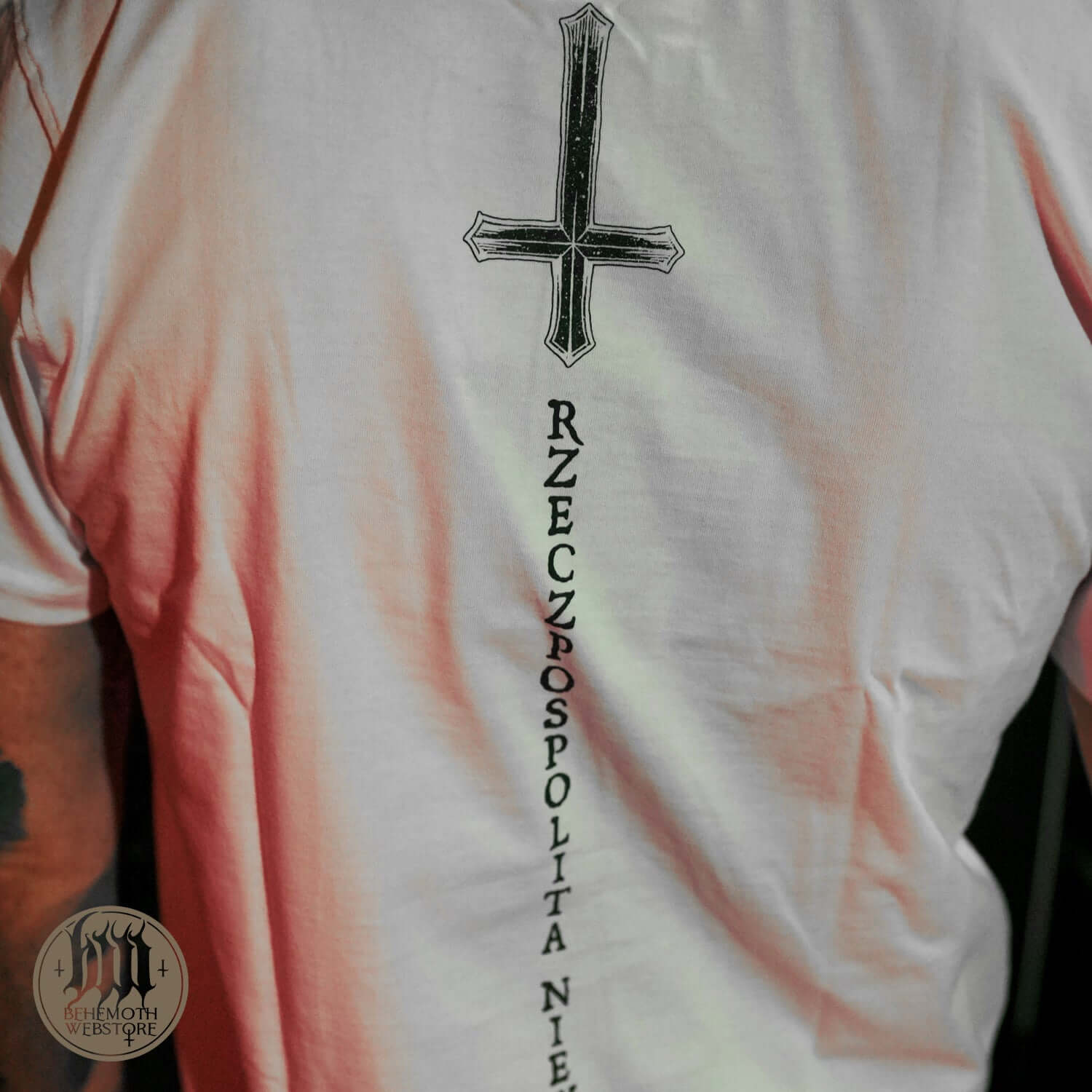 Back view of 'The Republic Of The Unfaithful' Behemoth white t-shirt featuring cross design symbolizing victory over censorship.