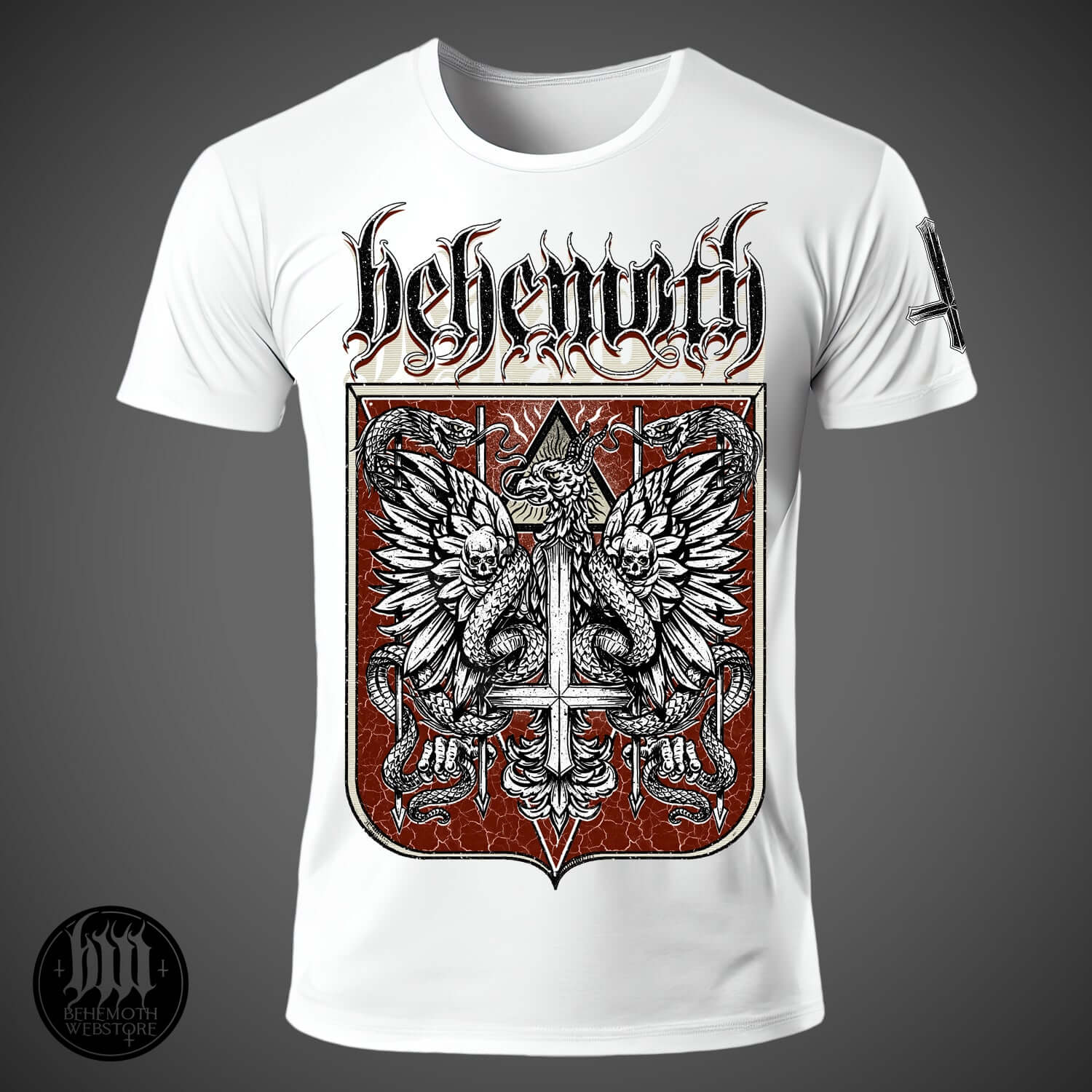 Behemoth white T-shirt featuring 'The Republic Of The Unfaithful' design, symbolizing freedom and victory over censorship.