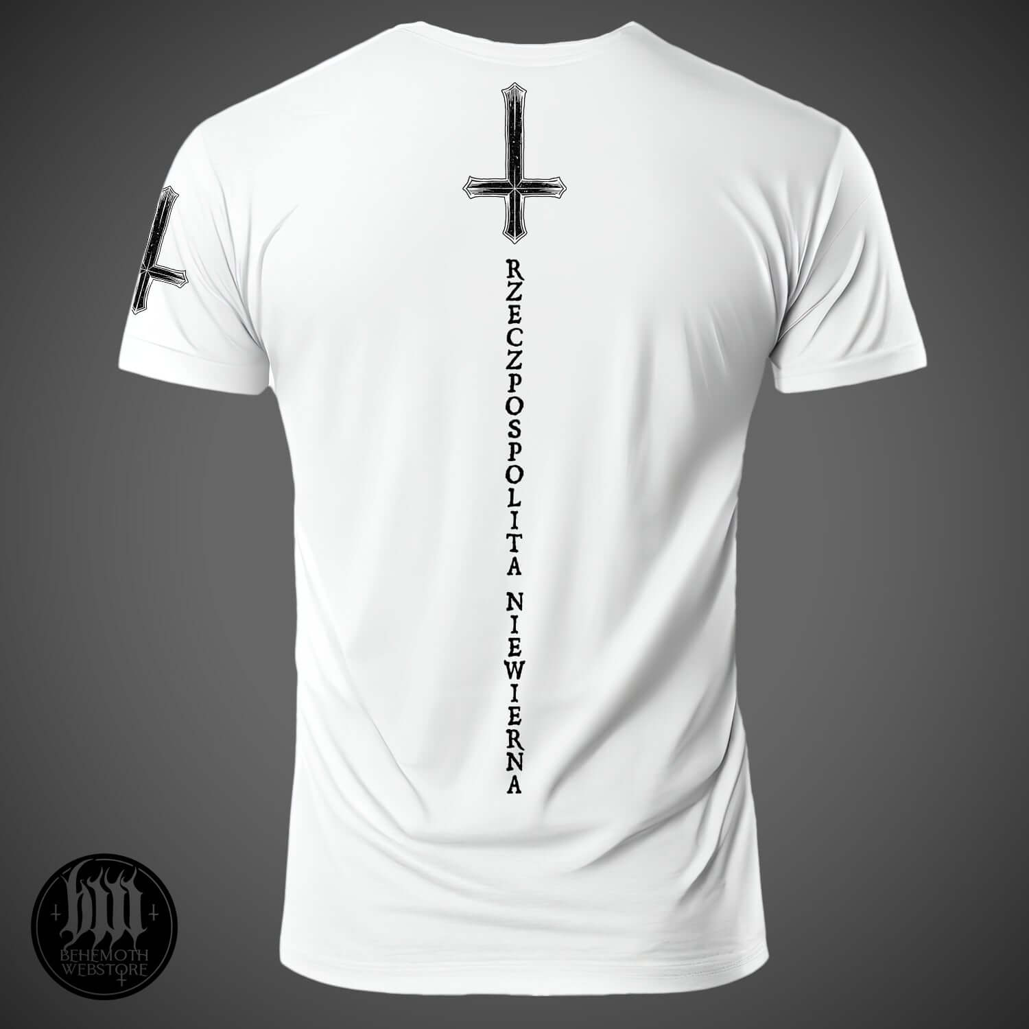 Back view of 'The Republic Of The Unfaithful' Behemoth white T-shirt featuring symbolic cross and text, representing freedom of expression.