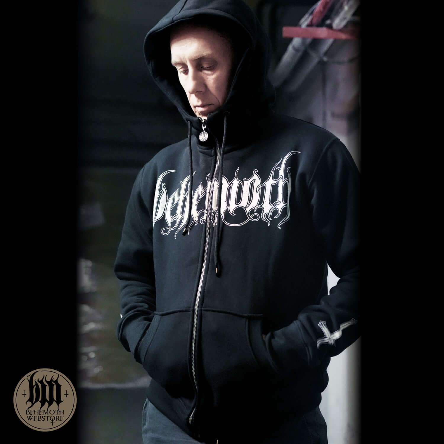 Person wearing Behemoth 'Republic Of The Unfaithful' zip hoodie, symbolizing artistic freedom and victory over censorship.