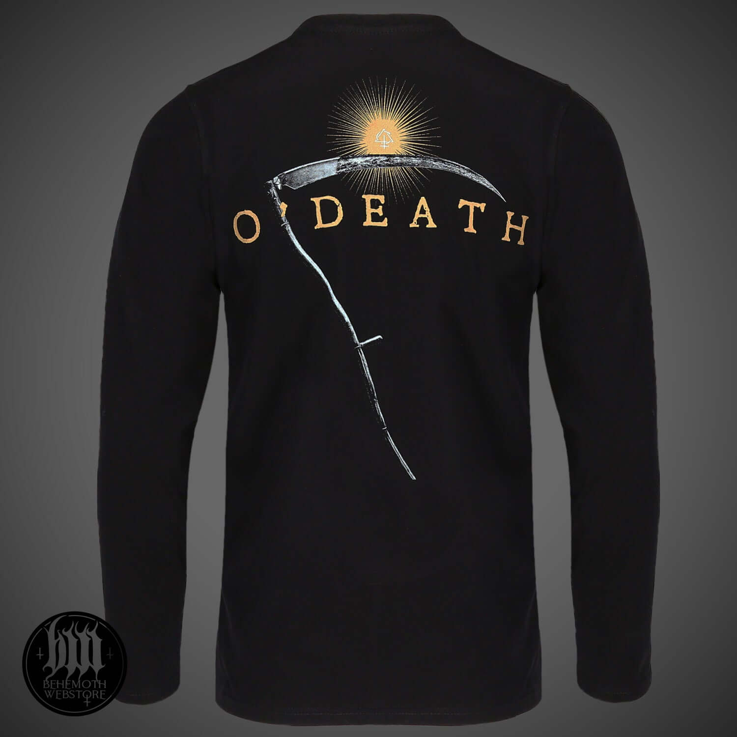 Behemoth 'O'Death' black long sleeve shirt with front and back print, premium unisex design, high-quality material, made in Poland.