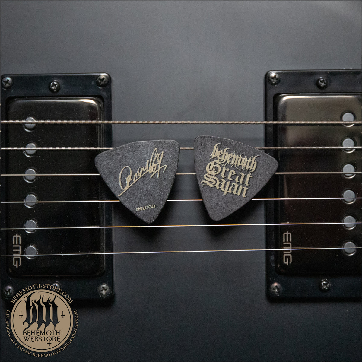 Orion Great Satan guitar pick — front and reverse; sold individually