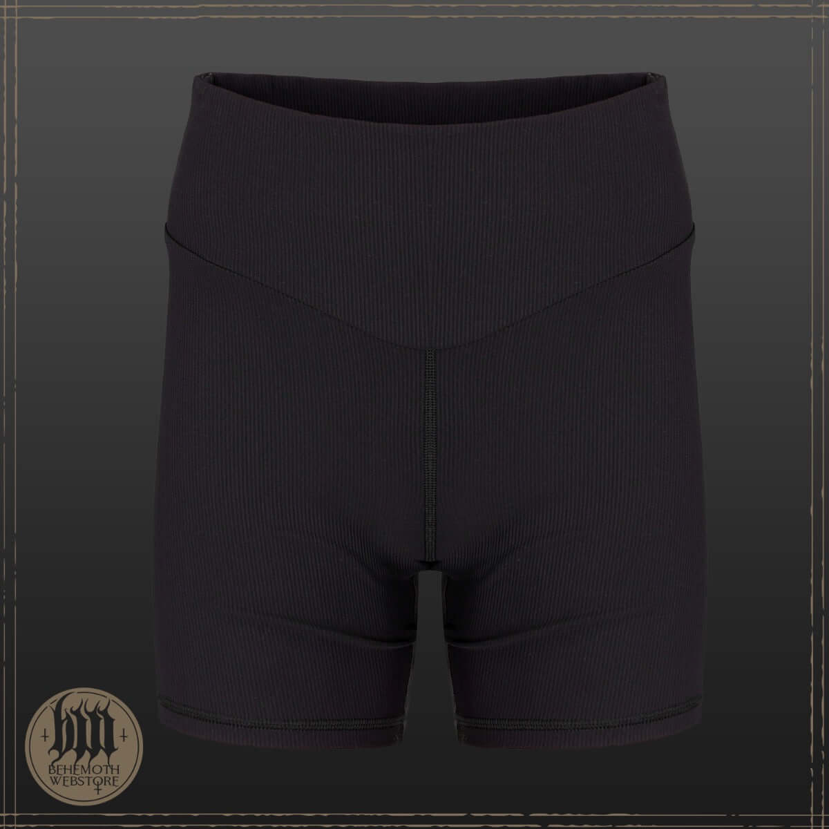 Behemoth 'The Unholy Trinity' ribbed premium push-up shorts for women, designed to enhance workout performance and confidence.