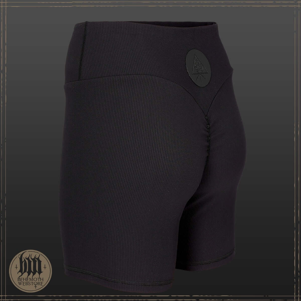 Behemoth Women's Premium Push-Up Shorts in ribbed black fabric, featuring a high-waist design for enhanced support and style.