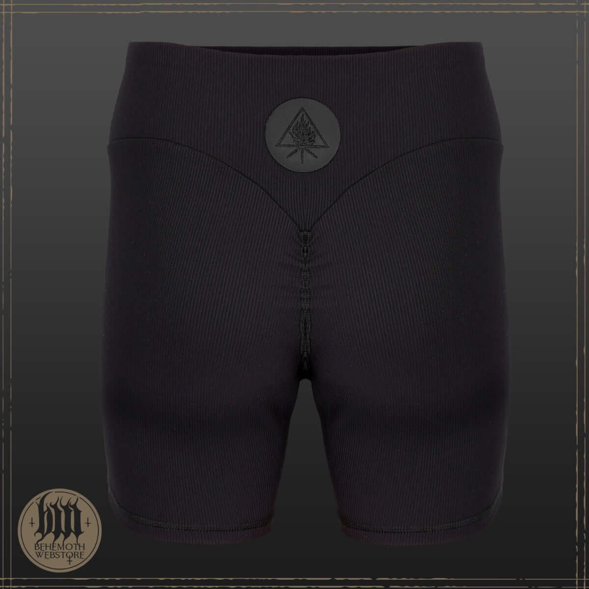 Behemoth 'The Unholy Trinity' ribbed premium push-up shorts for women, sleek black design, enhances workout performance and style.